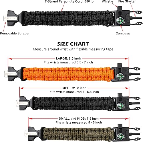 Miniatura 2 de SURVIVE Paracord Bracelet, Pack of 2, Emergency Survival Kit Fire Starter Compass Whistle 8.5-10 ft Continuous Strand Flint Steel Scraper 5 in 1