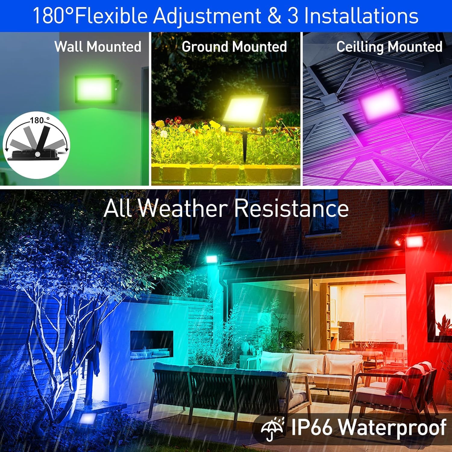 Faretto LED RGB Esterno, T-SUNUS 60W Proiettore LED RGB con APP Bluetooth e Telecomando, IP66 Impermeabile Dimmerabile per Giardino Pasqua Partito Halloween 4 Pezzi