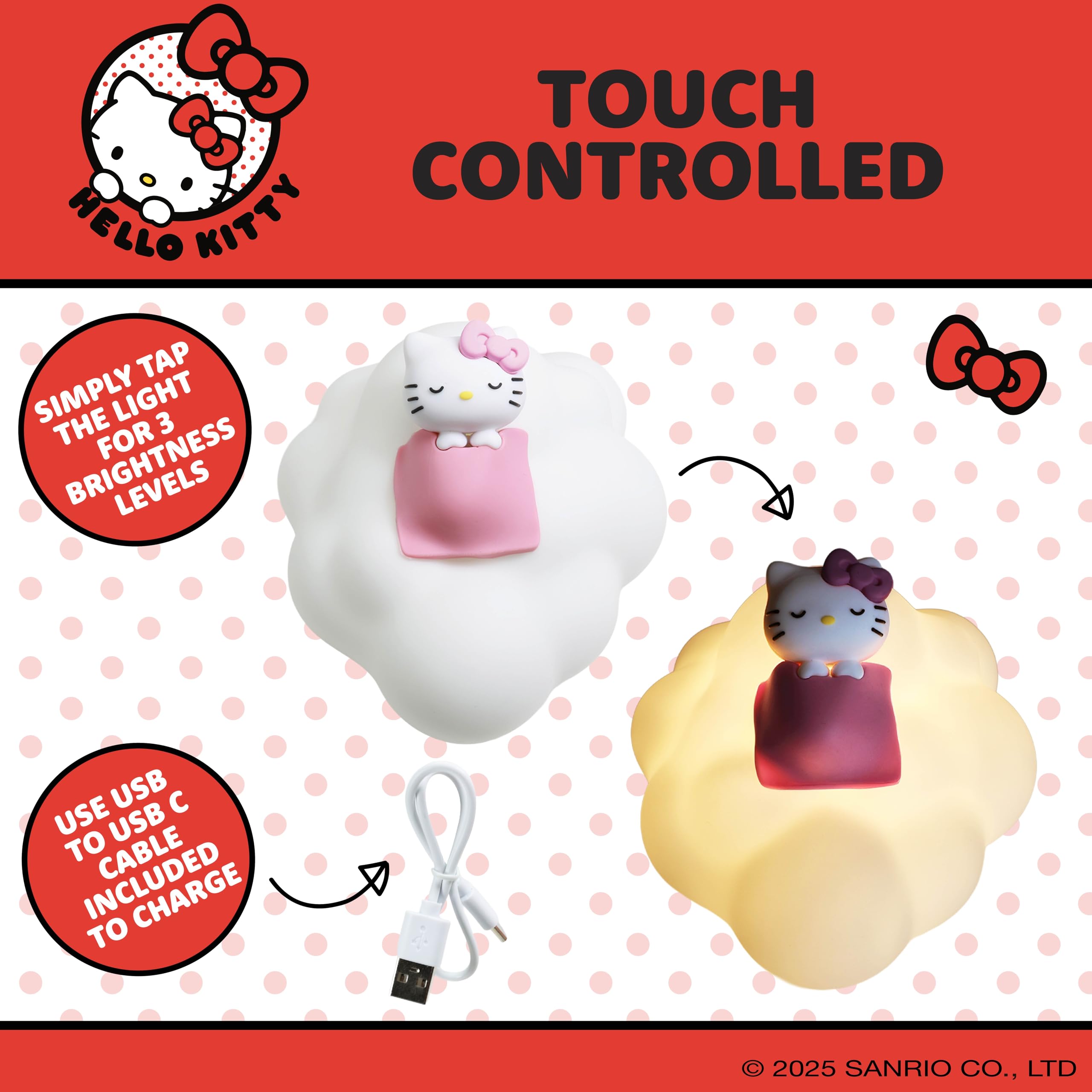 Blue Sky Studios Hello Kitty Cloud Light, USB-C Rechargeable Lamp with 3 Brightness Levels, Soft Vinyl Design - Image 4