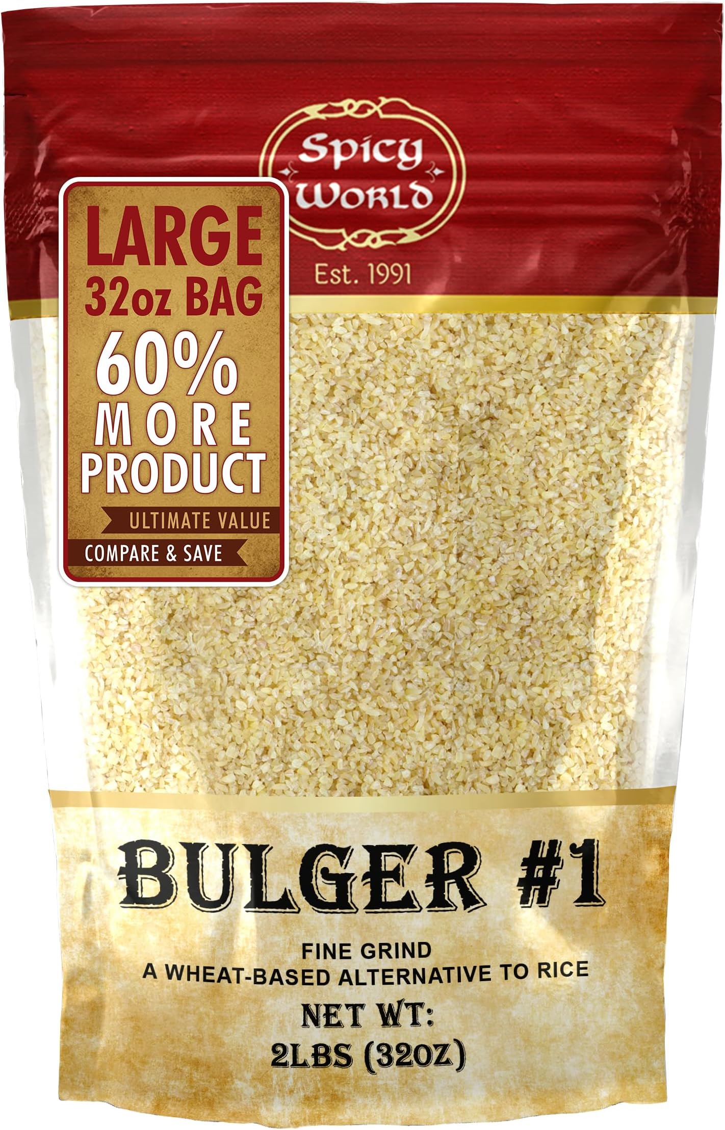Bulgur Cracked Wheat Fine #1, 2 LB Bag (32oz) | USA Grown Bulgar Wheat for Tabouleh | 100% Natural & Pure | Great for Vegan Recipes by Spicy World