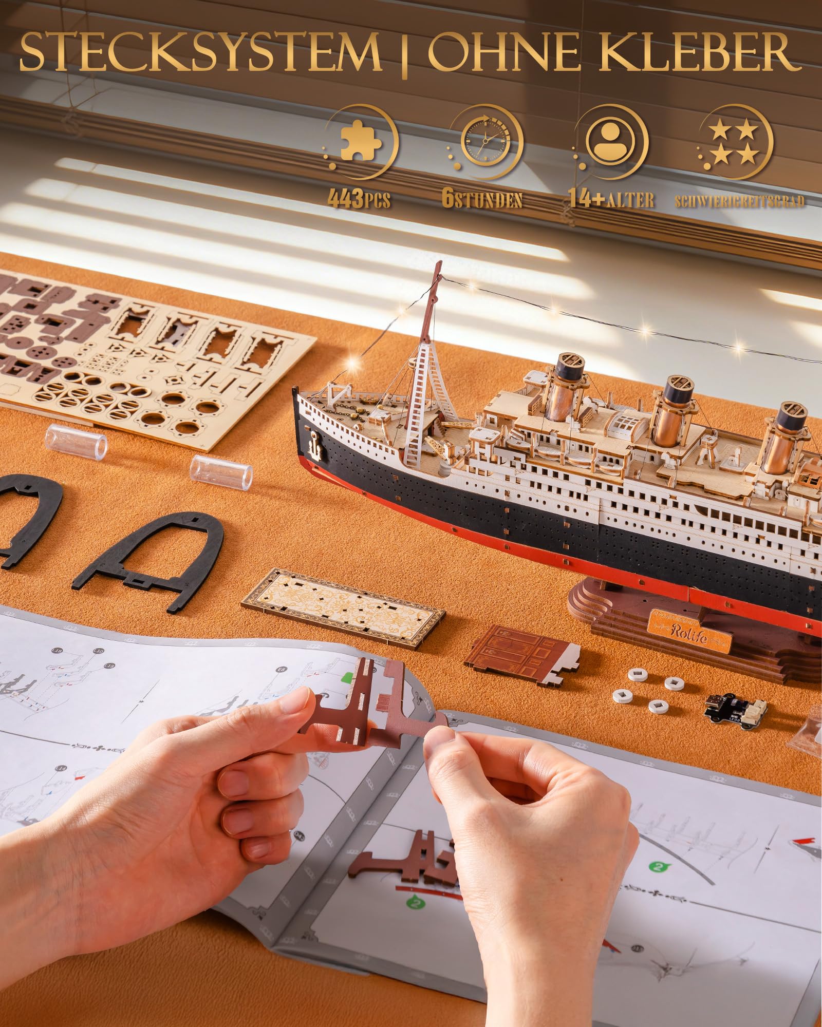 Rolife 3D-Holzpuzzle Titanic Schiffsmodell - 433-teiliges Steckbaustein Bausatz 6 Stunden Montagezeit, Sammler Wohnkultur Deko, Erwachsene, Bastler und Geschichtsinteressierte