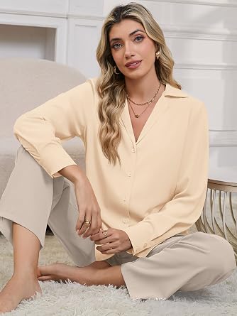 Women's Business Casual Tops Elegant Satin Silk Long Sleeve Button Down Shirts Lapel Collar V Neck Chiffon Work Blouses