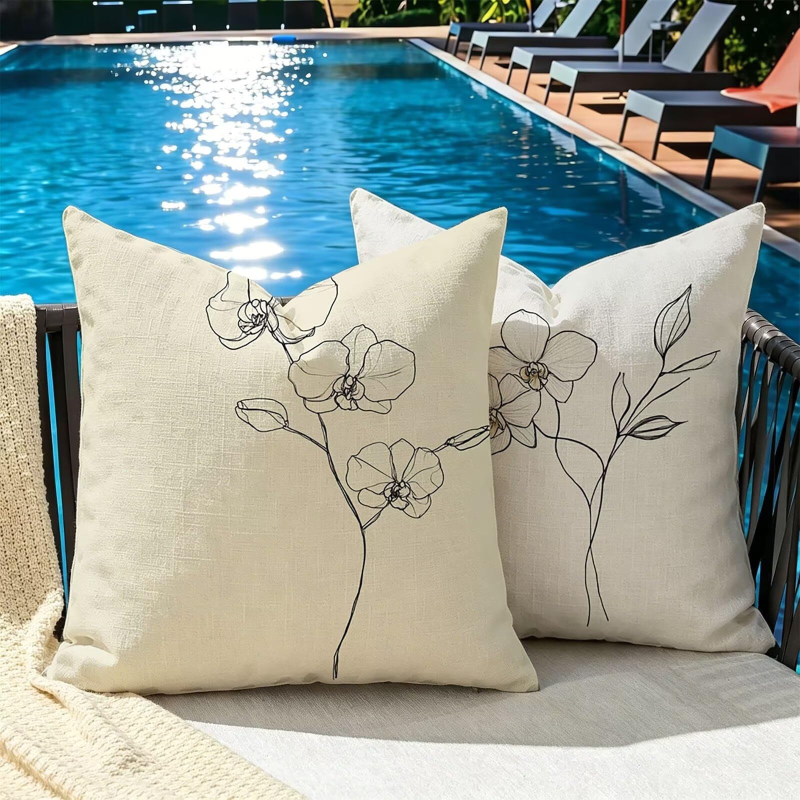 Kissenbezug 65x65cm Outdoor Kissen 2er Set Einfach Blume Leinen Dekokissen