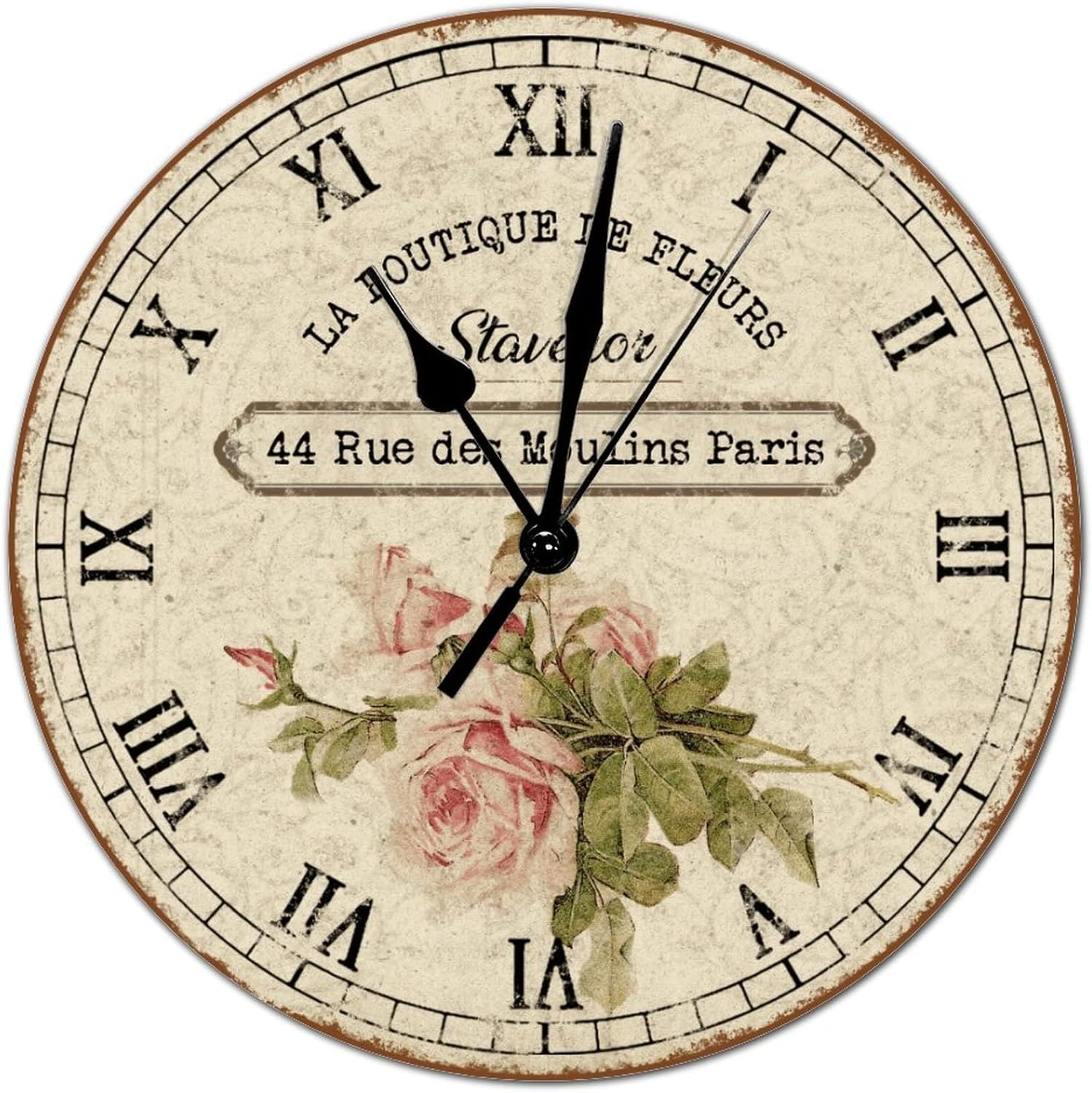 Chic Style 15x15in Modern Round Wood Wall Clock Roman Numerals Wooden Clock Battery Operated Silent Non-Ticking French Vintage Flower Wall Clock for Kitchen Living Room Bedroom Cottage Decor