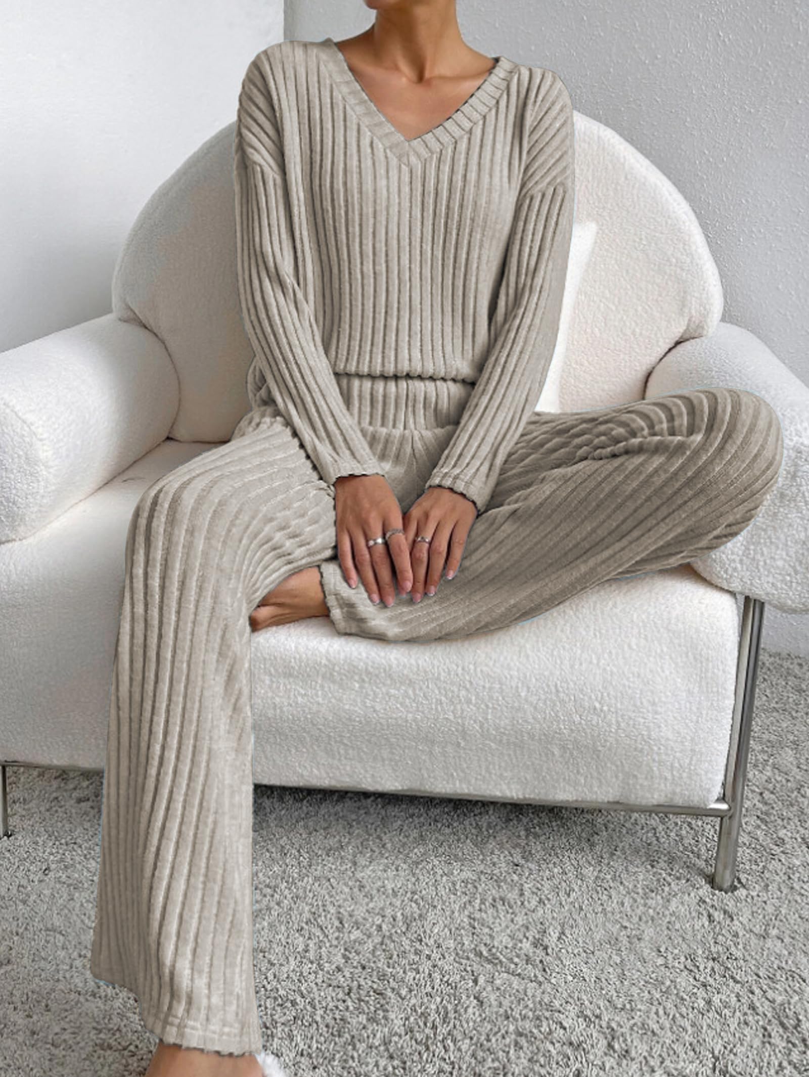 Famulily Pigiama da donna, set da notte da donna, a costine, 2 pezzi, abbigliamento per il tempo libero, abbigliamento da casa, scollo a V, maniche lunghe e pantaloni a gamba larga con tasche