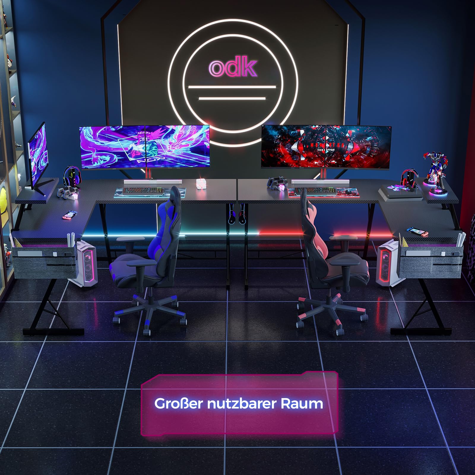 Scrivania Gaming Angolare A L Con Supporto Monitor - ODK, 127x127 Cm, Bianco Fibra Di Carbonio - Foto 3