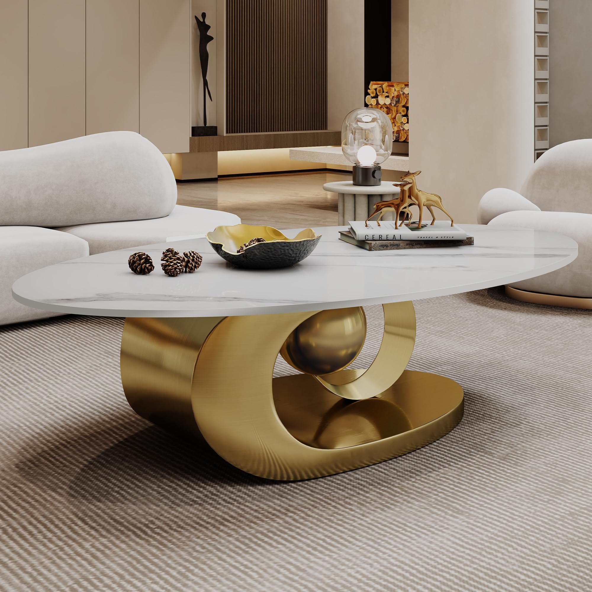 Modern Oval Stone Coffee Table, 49.2" Faux Marble Coffee Tables with Geometric Stainless Steel Base, Luxury White and Gold Center Table Accent Cocktail Table for Living Room Bedroom