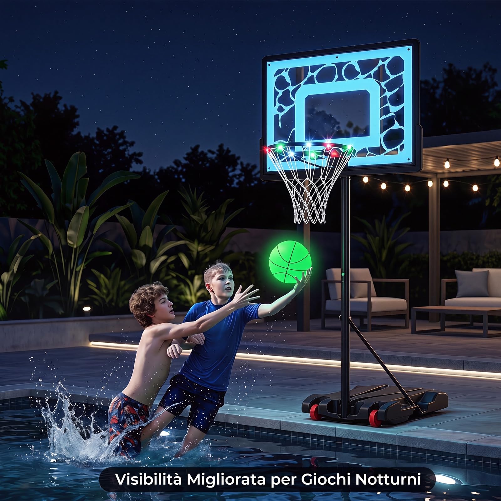 COSTWAY Canestro da Basket da Esterno, Canestro Pallacanestro da Piscina con Luci LED, Altezza Regolabile 115-144 cm, Palla, Ruote, Base Riempibile e Tabellone Infrangibile
