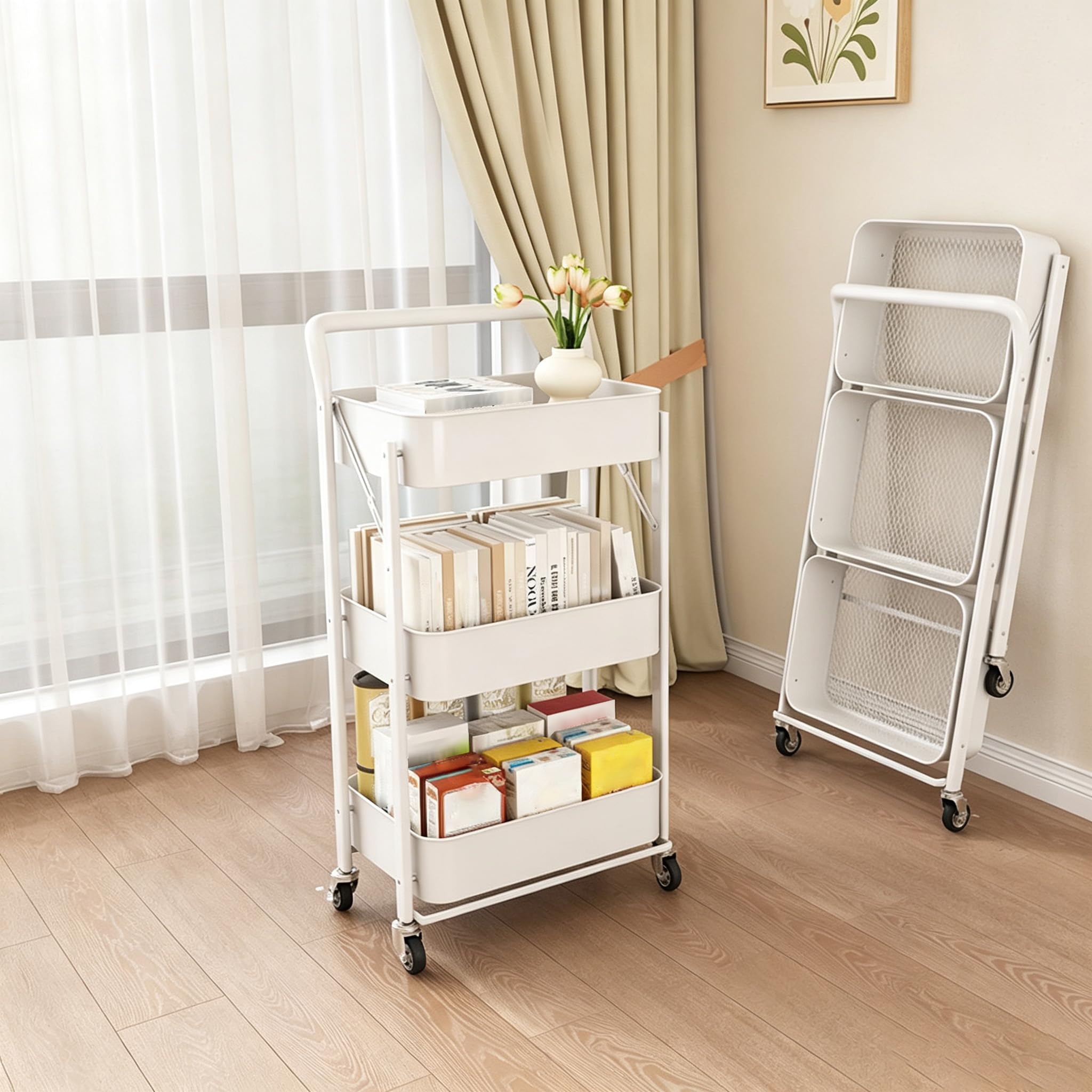 3-Tier Trolley On Wheels, Space-Saving Metal Foldable Bathroom Trolley