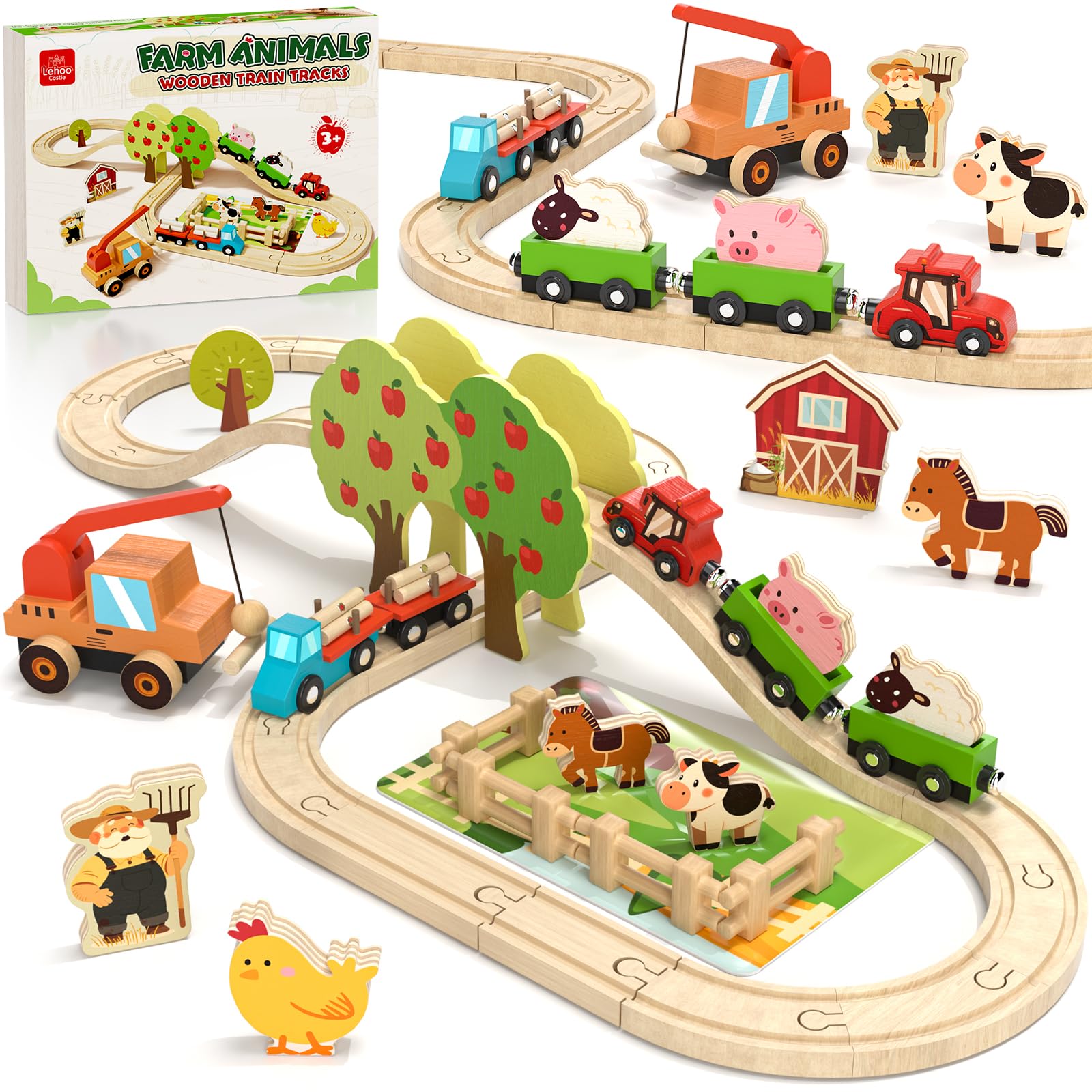 Lehoo Castle Drewniany Dino Train zestaw zabawek z samochodami dla małych dzieci w wieku od 3 lat | Drewniany pociąg tory kolejowe zestaw zabawkowy zabawki dla 3 4 5 6-letnich chłopców dziewcząt prezenty urodzinowe