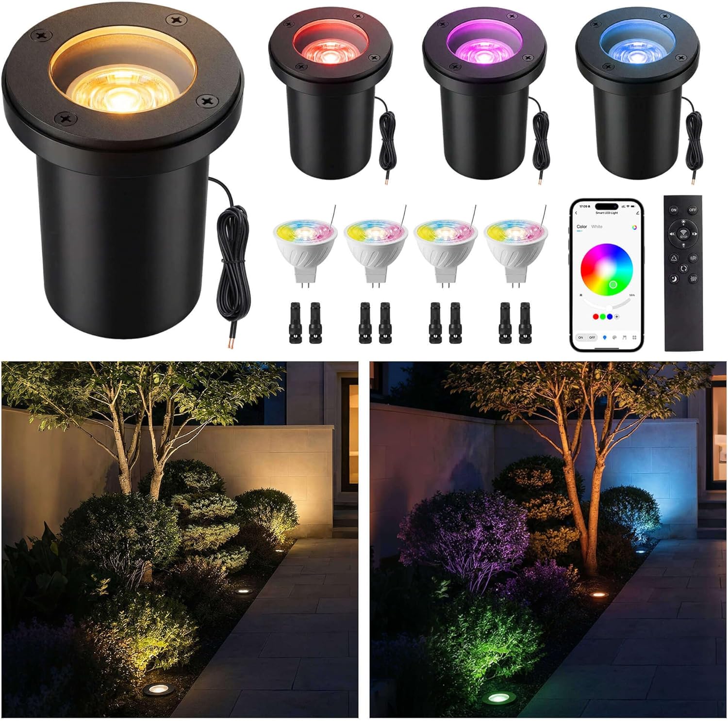 Smart 12V Low Voltage Landscape Lighting for Pathway, Outdoor RGBCW In-Ground Well Lights, App & Remote Control, Replaceable Bulb, IP65 Waterproof, Transformer and Wire Not Included, 4 Pack