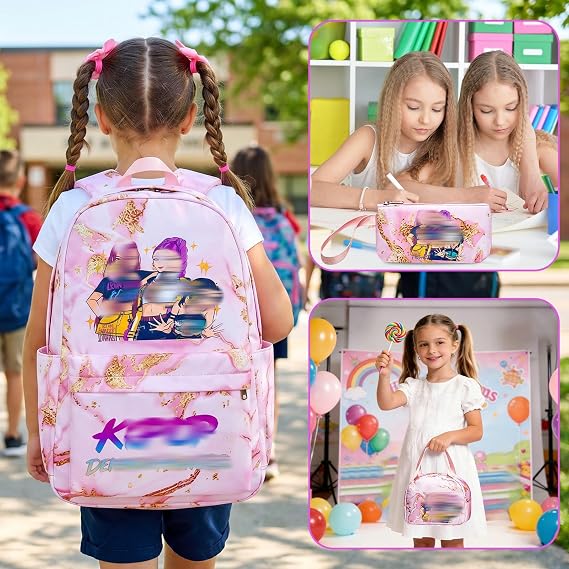 Heartsking Kpop School Backpack 3-Piece Set with Waterproof Kpop School Bag Lunch Bag and Pencil Case Suitable as a Learning Camping Travel Birthday Gift and Stationery Set for Girls 8