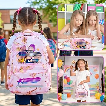 Heartsking Kpop School Backpack 3-Piece Set with Waterproof Kpop School Bag Lunch Bag and Pencil Case Suitable as a Learning Camping Travel Birthday Gift and Stationery Set for Girls 8