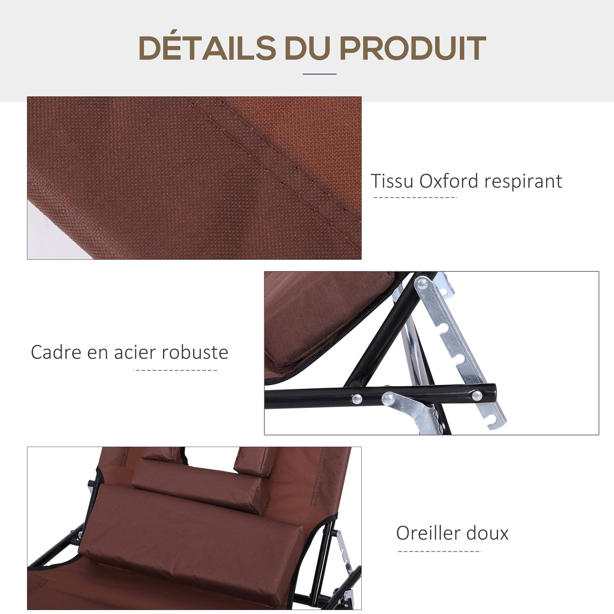 Outsunny Bain de Soleil Pliable transat inclinable 4 Positions Chaise Longue 3 Coussins fournis Marron