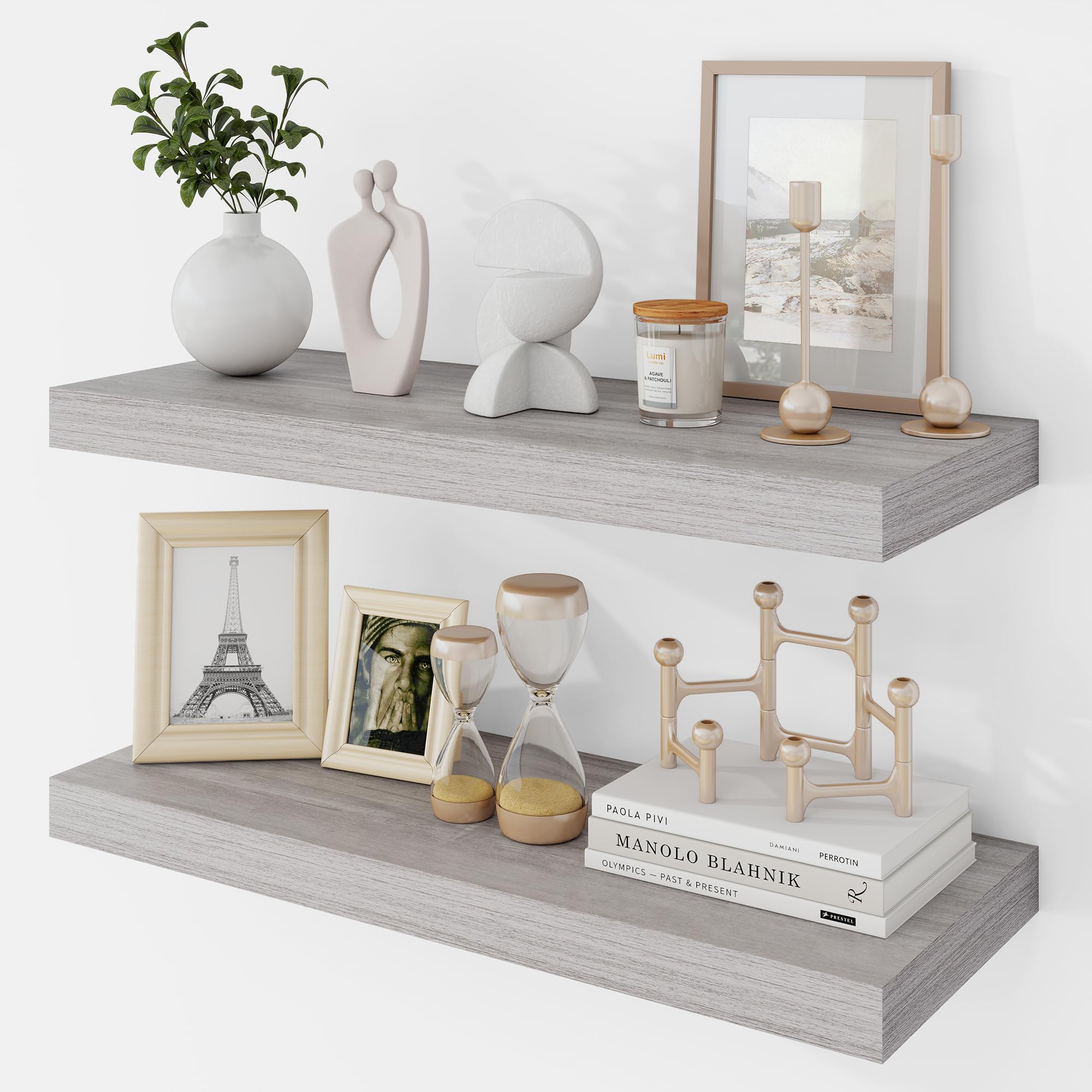 Acovy 24 Inch Floating Shelves, 9.3" Deep Floating Shelf Wall Mounted, 24" Wall Shelves, Rustic Deep Bookshelf, Large Display Shelves & Storage Shelves for Bedroom, Living Room, Gray, Set of 2 โ image 1