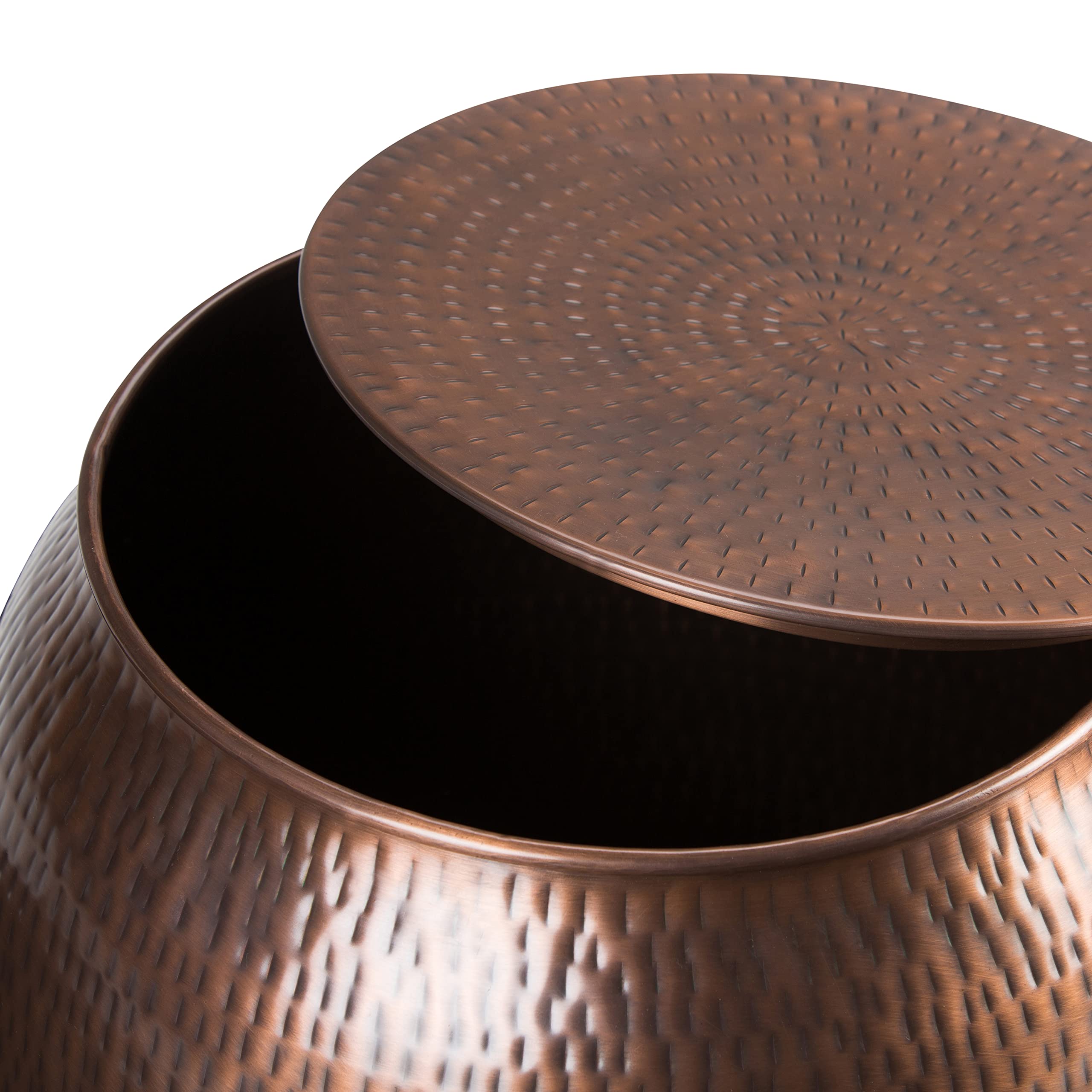 SIMPLIHOME Griffen 19" Wide Round Storage Metal Table in Antique Copper | Industrial round drum side table with hidden storage space; assembled accent table or end table for living room use.