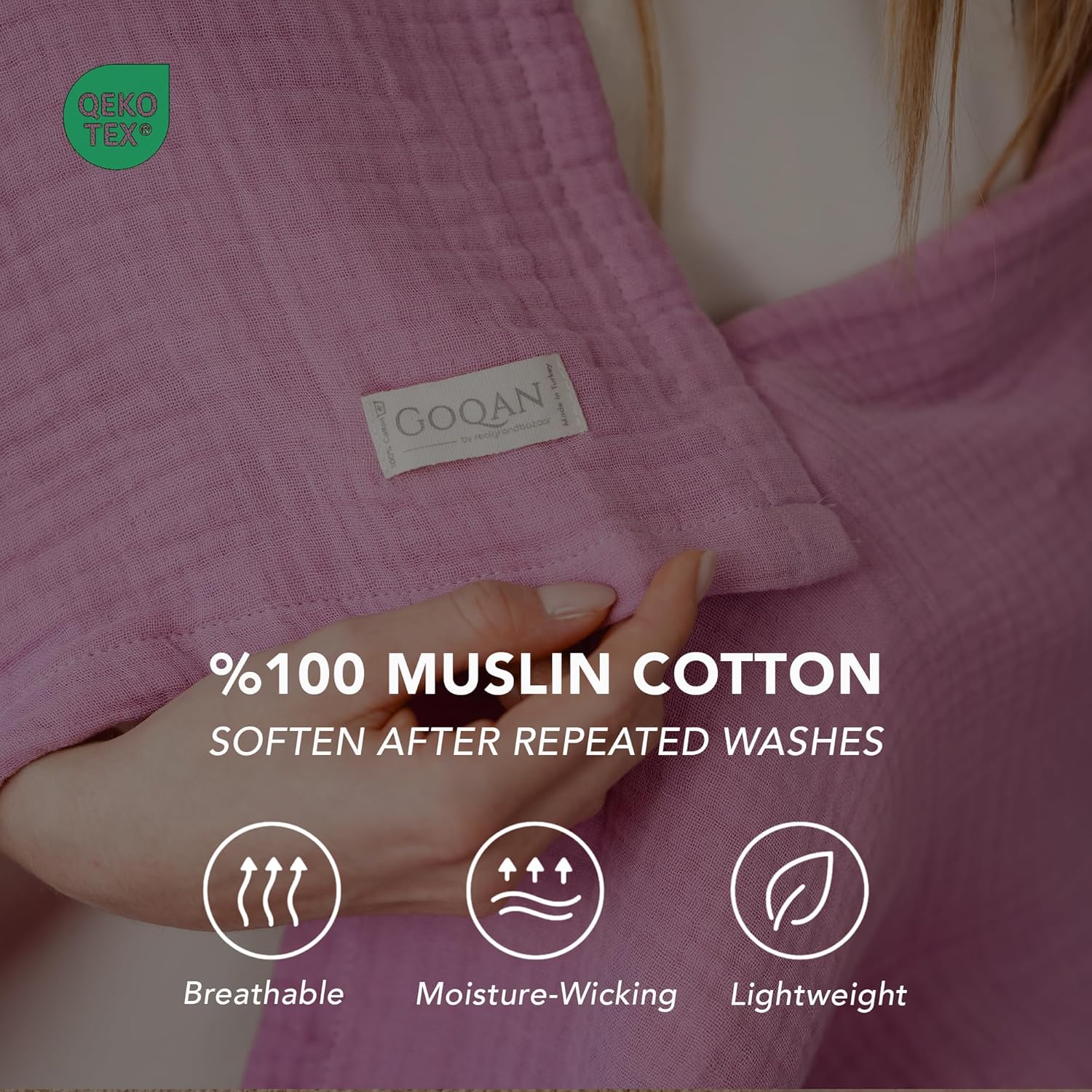 Goqan Muslin Blanket Queen 79x90 – 100% Turkish Cotton 4 Layer Boho Muslin Blanket for Adults, Four Season, Lightweight and Thin, Soft, Breathable for Bed,Couch - Pink