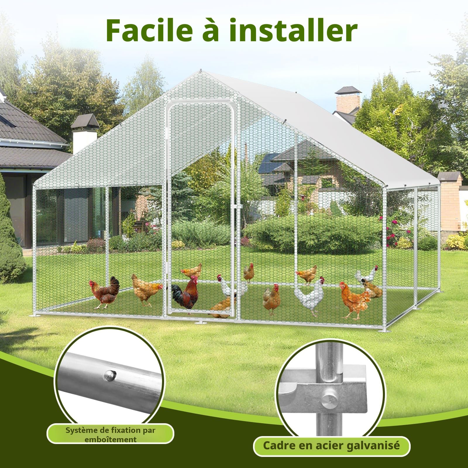 Clôture XXL pour poulailler avec serrure de sécurité et toile imperméable en polyéthylène, beaucoup d’espace pour poules, lapins et autres petits animaux, cadre robuste en acier, 3 x 3 x 2 m