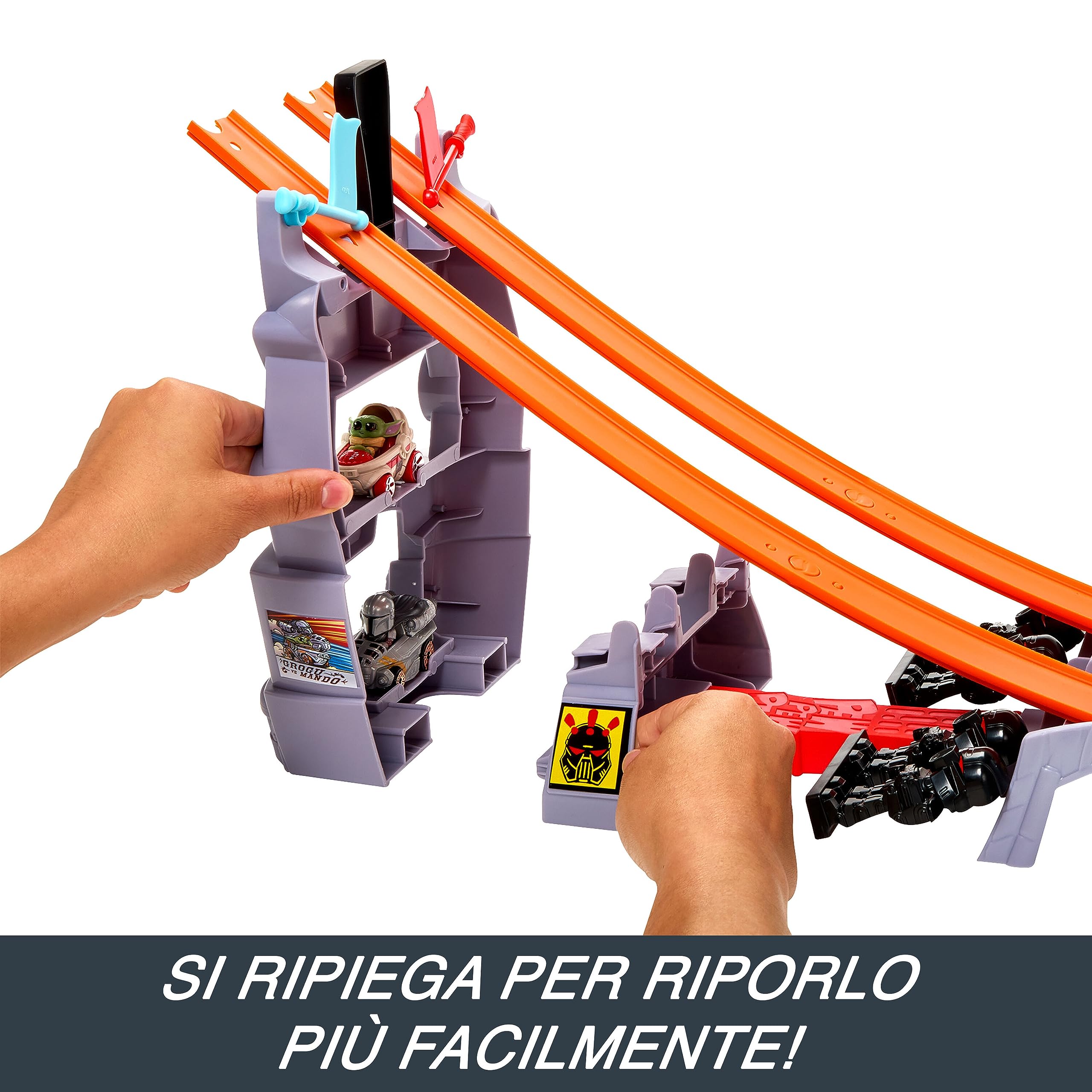 Hot Wheels RacerVerse - La Grande Corsa di Grogu, pista con macchinine da corsa die-cast ispirate a Star Wars, personaggi Grogu e The Mandalorian, giocattolo per bambini, 4+ anni, HPL32