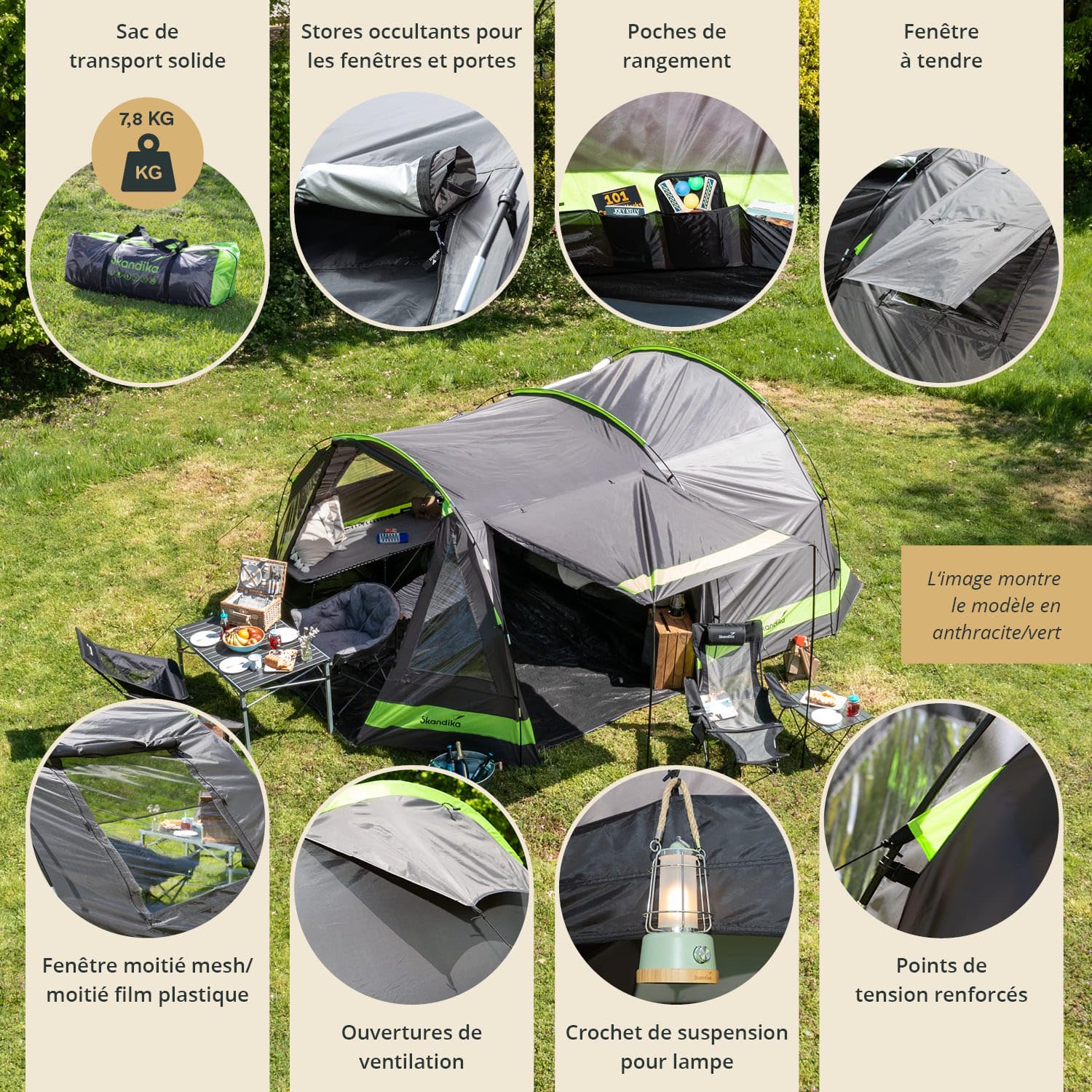 Skandika Kambo Tente Tunnel pour 4 Personnes | Cabine Sombre avec revêtement argenté, Colonne d'eau de 3000 mm, 3 entrées, Store banne, avancée, avec Tapis de Sol | Tente de Camping