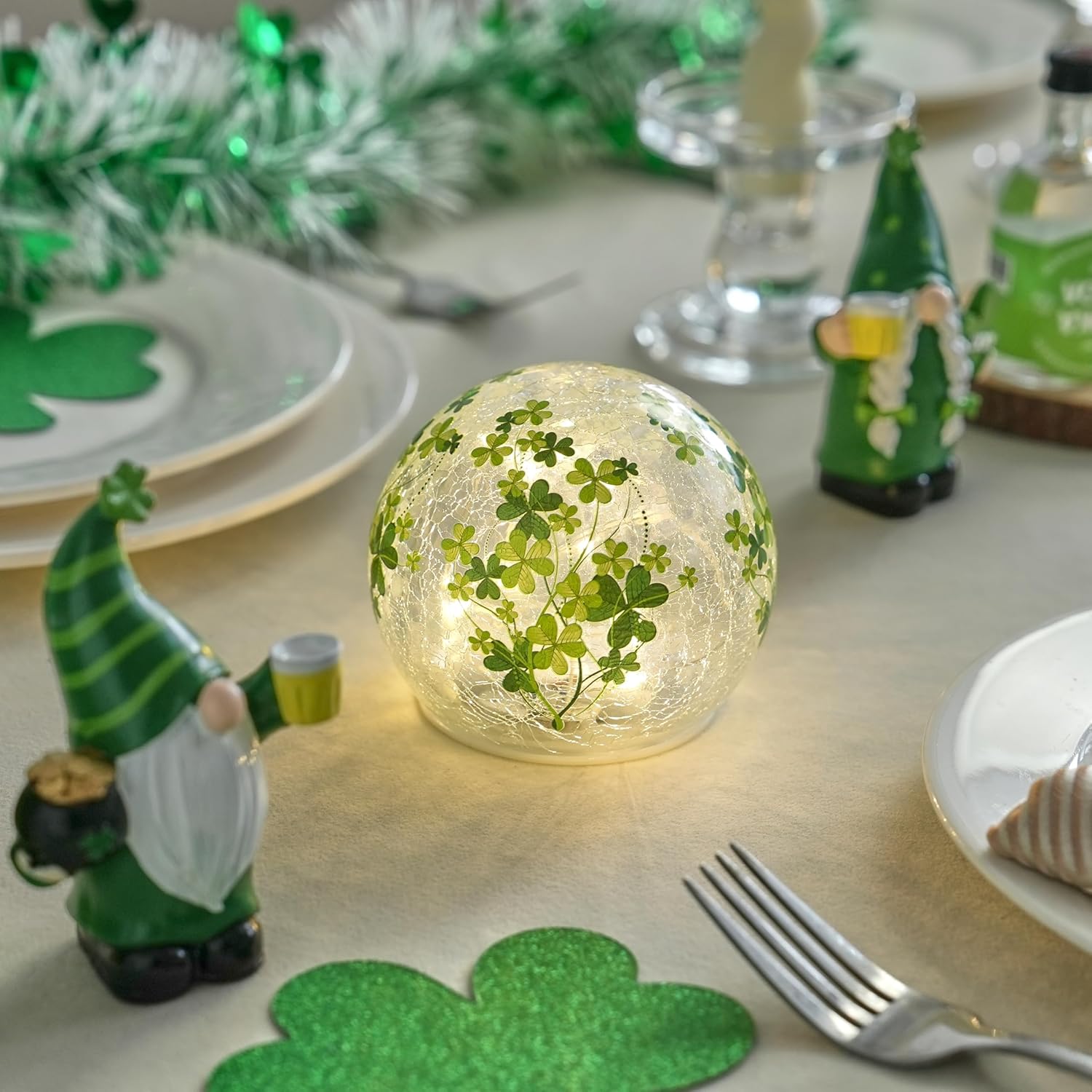 FESTGLOX [Timer St Patrick's Day Decorations with LED Lights, Set of 2 Crackle Glass Shamrock Decorative Ball, Light Up Clover Globe for Lucky Home Table Centerpiece Mantle Party Decor