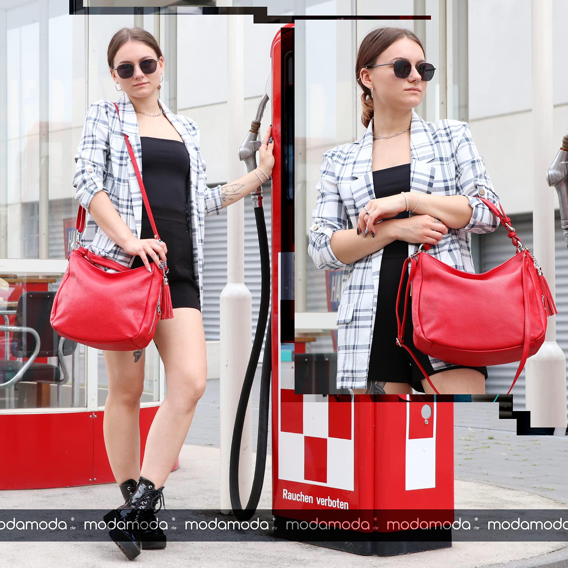 modamoda de T200 Damen Leder Schultertasche Henkeltasche, handmade in Italy