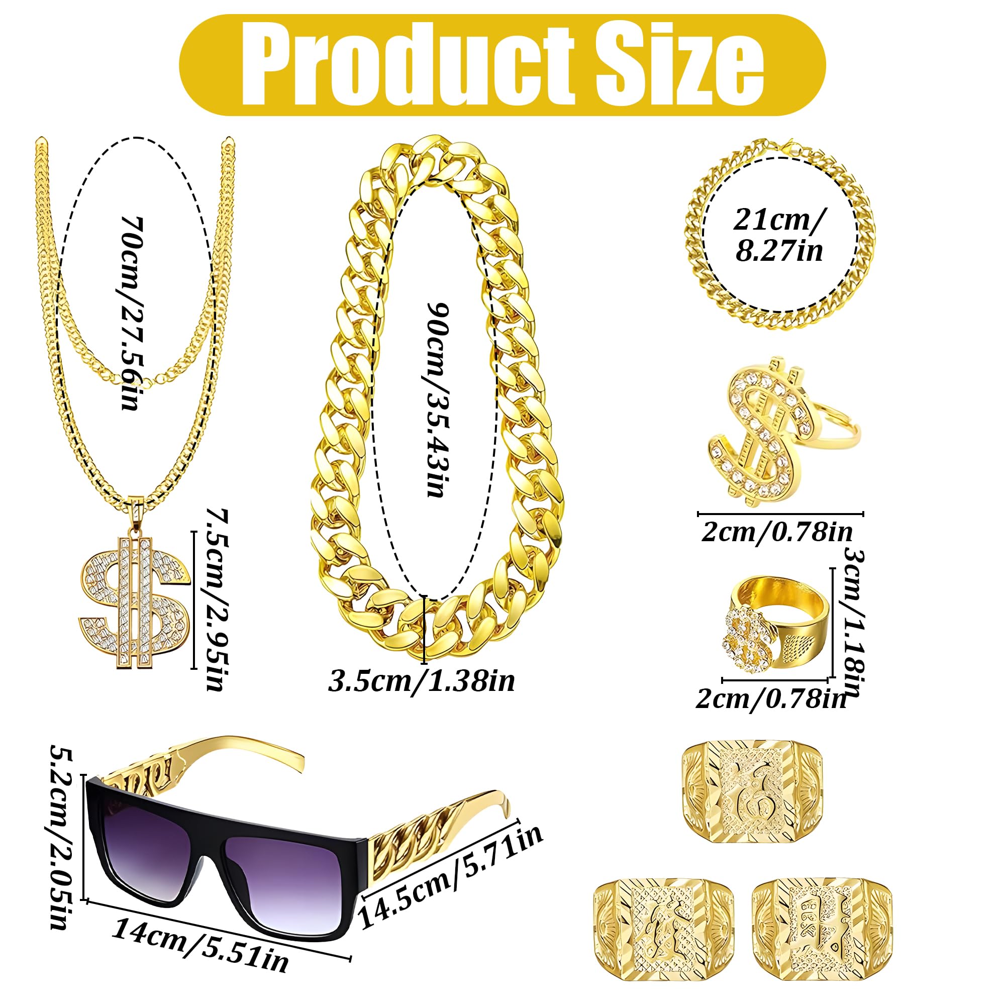 Jyeennar 10pcs 80s 90s Hip Hop Costume Set for Women & Men - Fake Gold Chain, Sunglasses, Rings & Bracelet Accessories Kit - Image 2