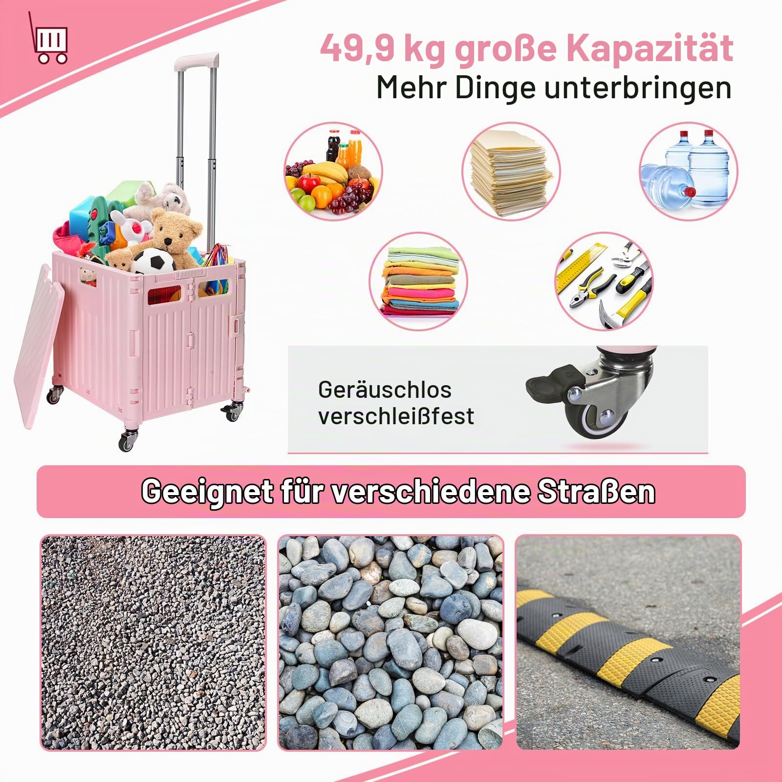 Einkaufstrolley Klappbar mit Deckel, 65L, bis 40KG, Teleskopgriff, Rosa