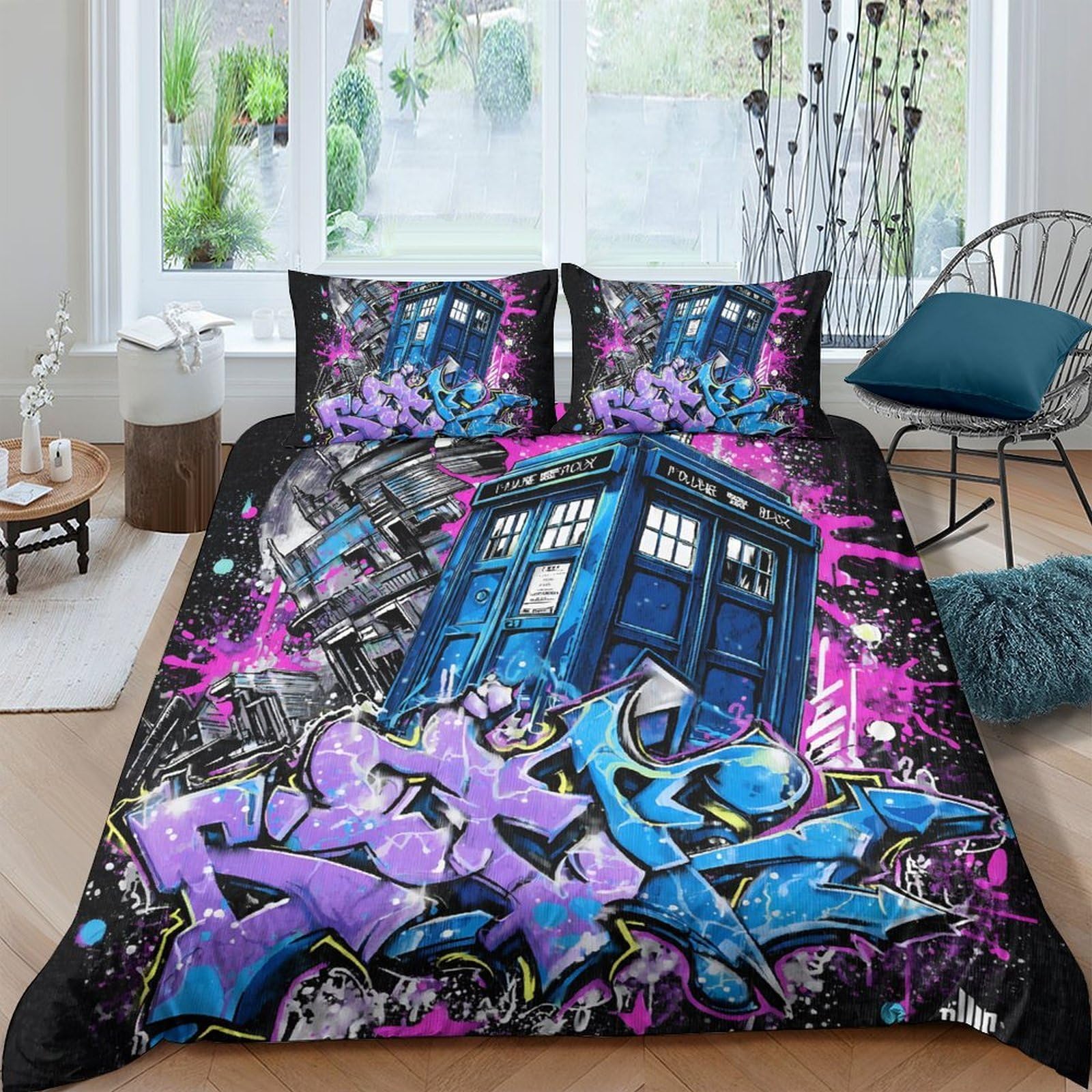 Ctjqhvkz Style-7 3D Printed Graffiti Urban Art Fitted Sheet Microfiber Black Blue Bedroom Decor Tardis Mattress Cover For Home Dorm Single（135X200cm）