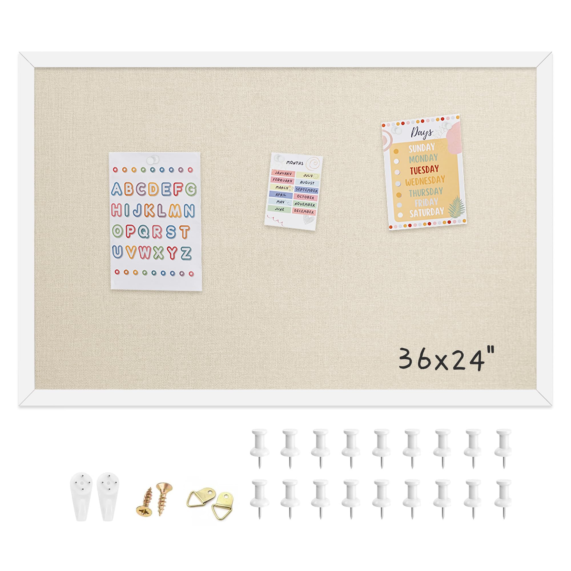 36"x24" White Framed Natural Wood Tone Bulletin Board, Pin Board