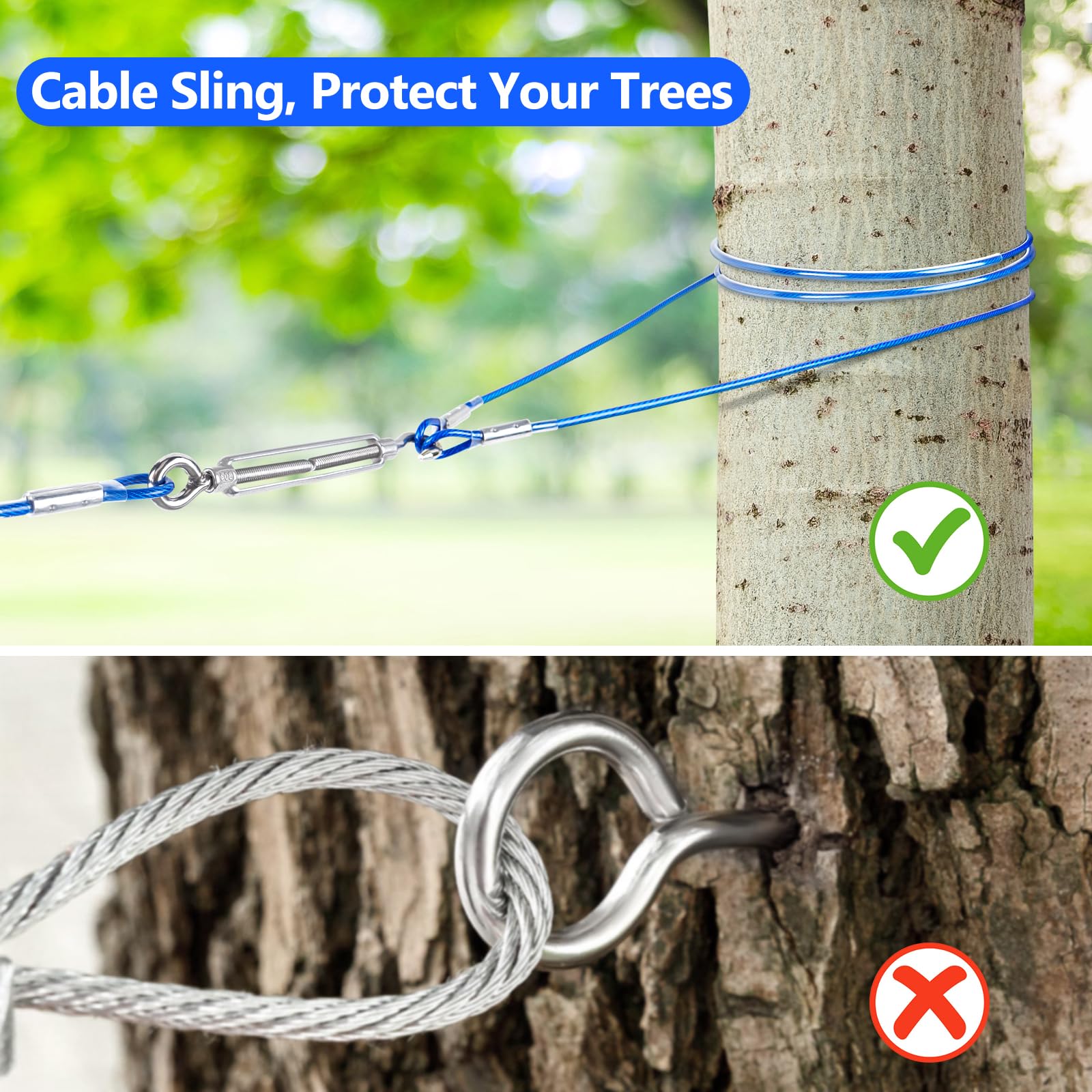 XiaZ Hundeleinenkabel, 45,7 m, Trolley-Läuferkabel für Hunde bis zu 113,4 kg, Hundeleine für Hof, Camping, Outdoor, mit 2,4 m Nylon-Bungee-Läufer, Kabelschlinge zum Schutz von Bäumen, Blau