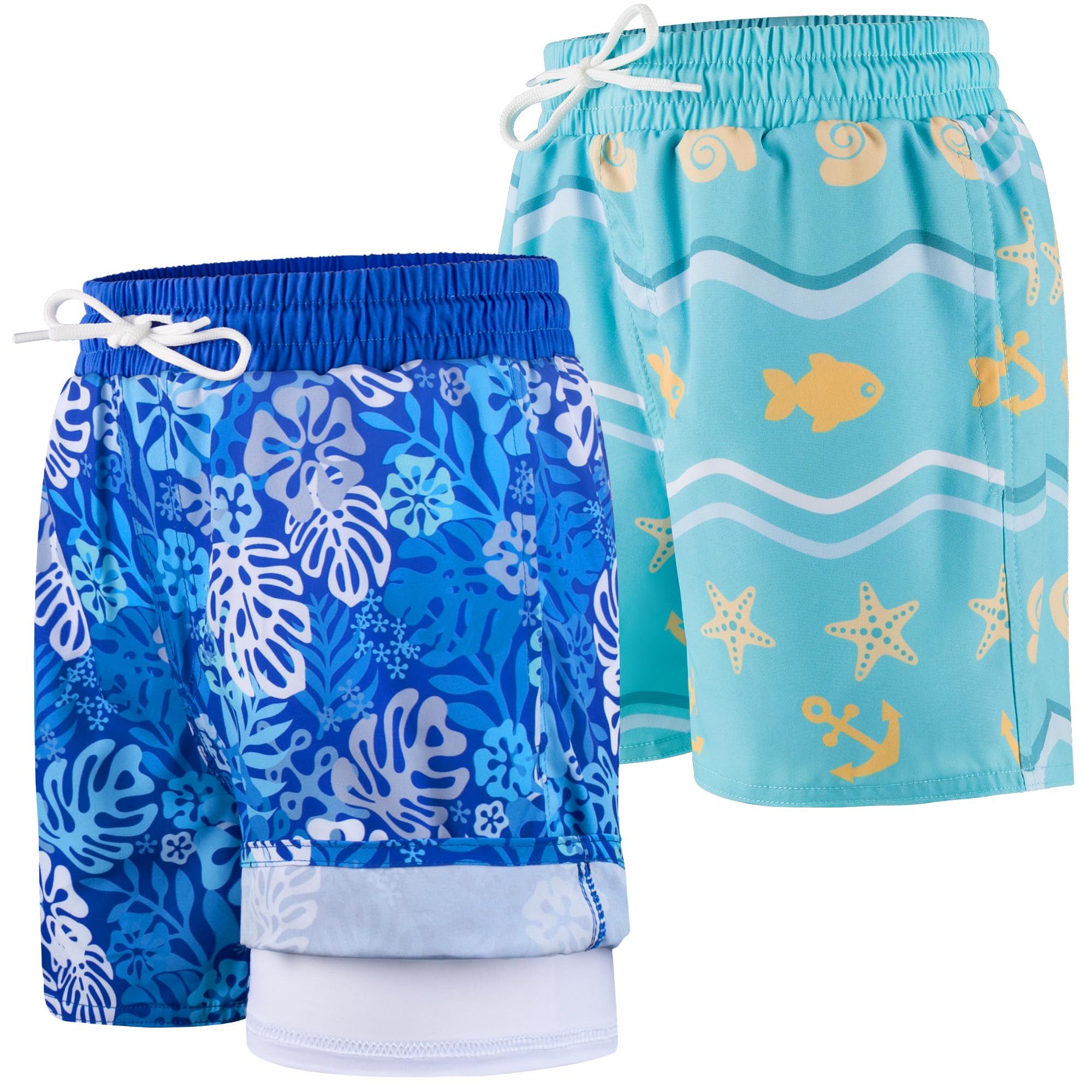 BIG ELEPHANT Lot de 2 Shorts de Bain Garçon avec Doublure Compressive, Protection UV UPF 50+, Maillot de Bain Séchage Rapide