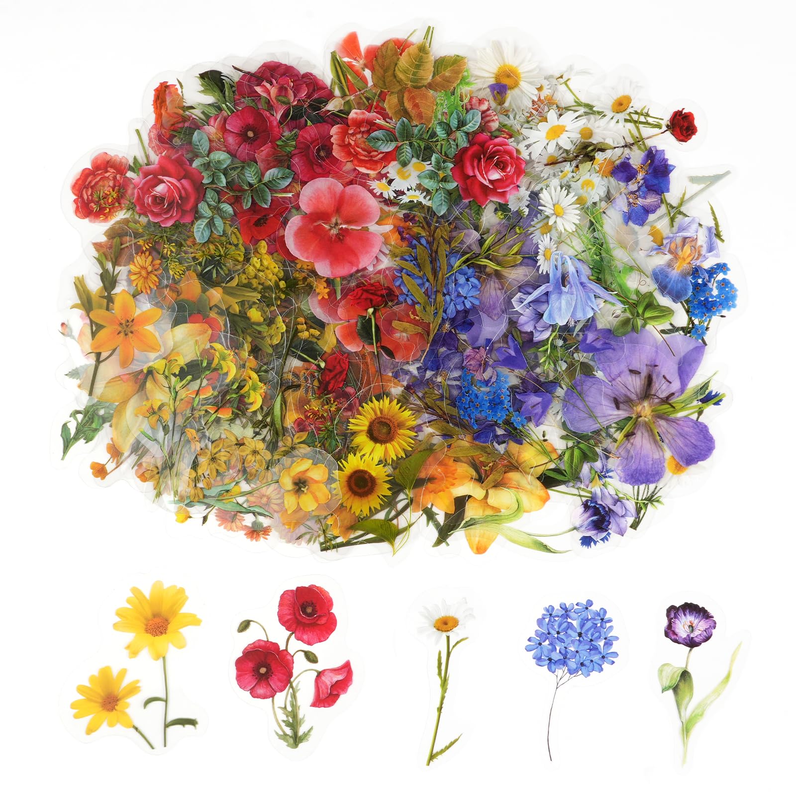 AUAUY 160Pcs Flower Stickers for Scrapbooking - Self-Adhesive Floral PET Waterproof Transparent Decals - Aesthetic for Journaling, Craft, Envelopes, Card, Laptop