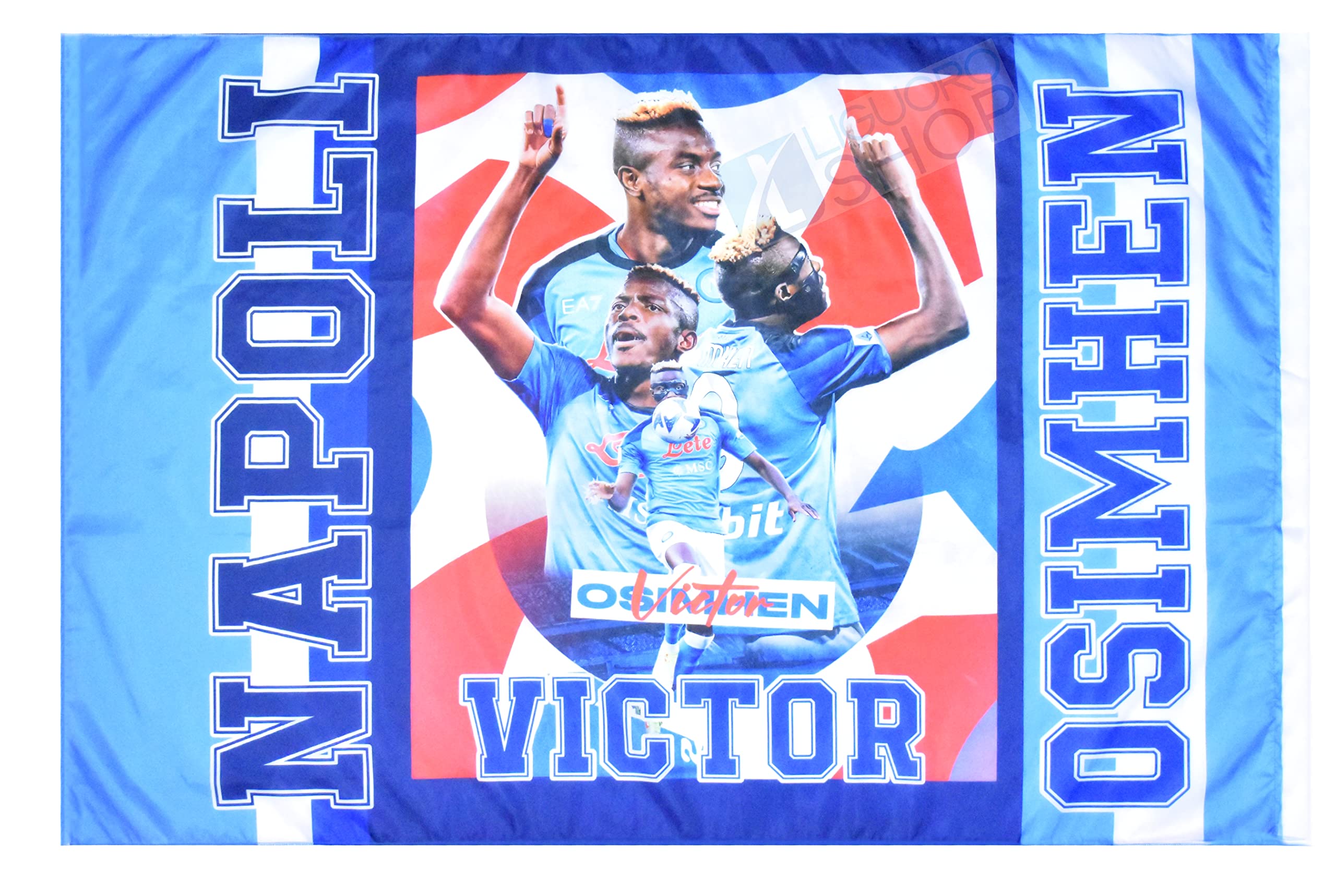Bandiera Del Napoli 3&deg; Scudetto - Stampa Victor Osimhen, 94x140 Cm, Per Tifosi Azzurri