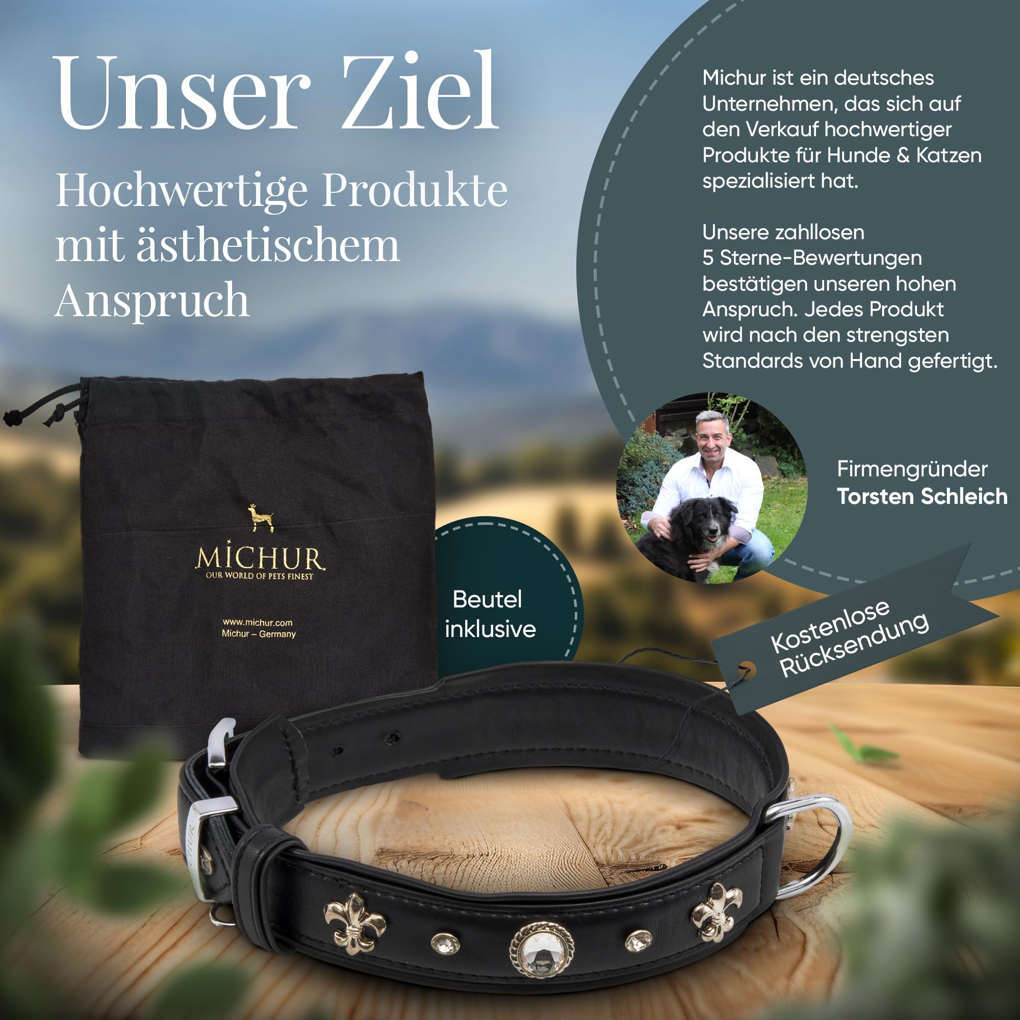 MICHUR Gala Hundehalsband Leder, Lederhalsband Hund, Halsband, Schwarz, Leder, mit Lilien,Strasssteinen und großem Kristall, in verschiedenen Größen erhältlich
