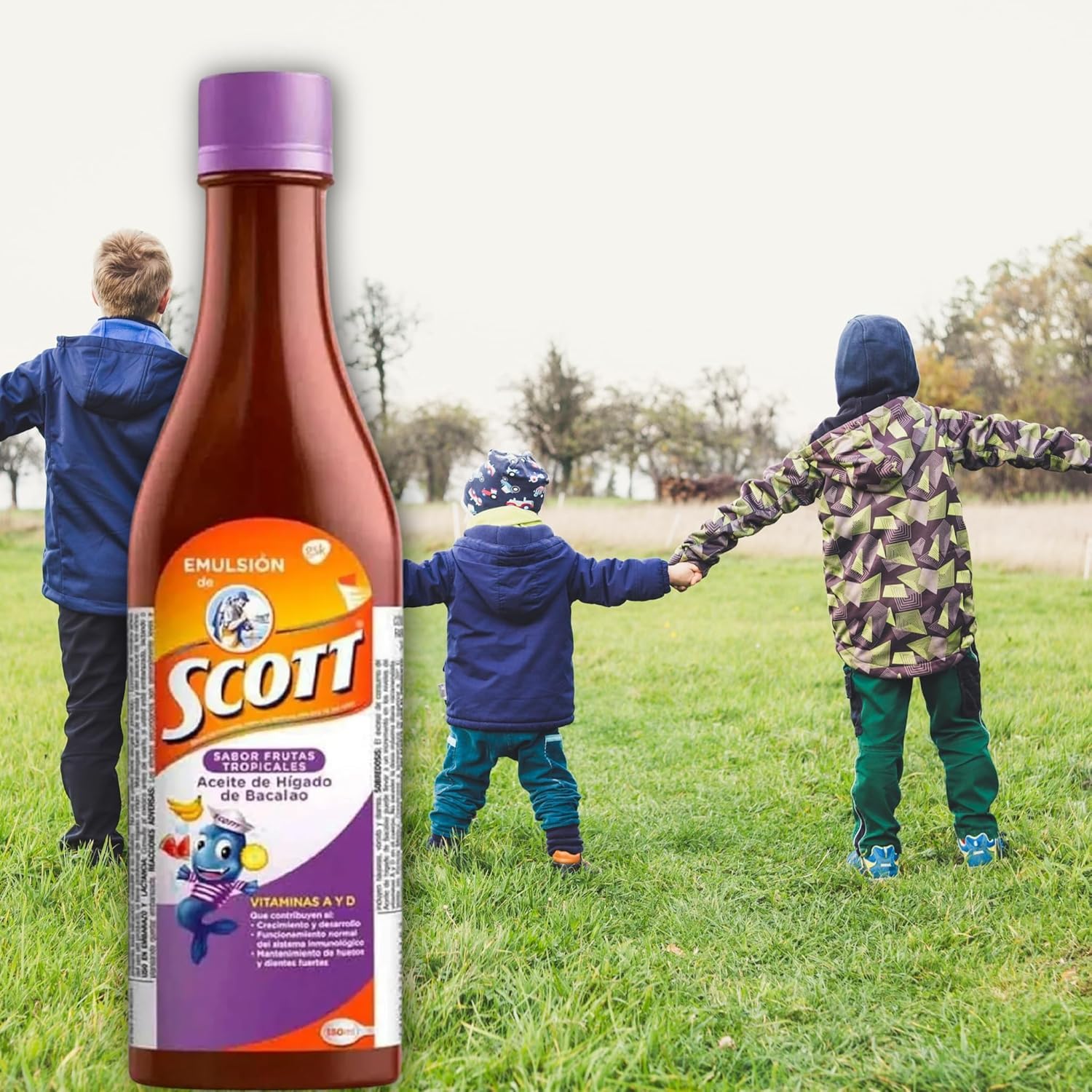 Yahve - Emulsion de Scott Aceite de hígado de bacalao sabor Frutas Tropicales Pack de 2 de 6.1 fl oz - 180 ml - Suplemento dietético para niños con vitamina A y Calcio -