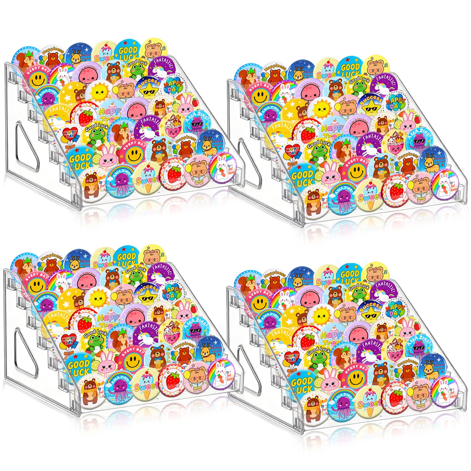 Photo 1 of deapera 4 Pack 7 Tier Clear Acrylic Display Stand with Fences, Versatile Organizer for Button Pins, Graded Cards, Mini Figures, Makeup, Nail Polish & Coffee Capsules (4 Pack)