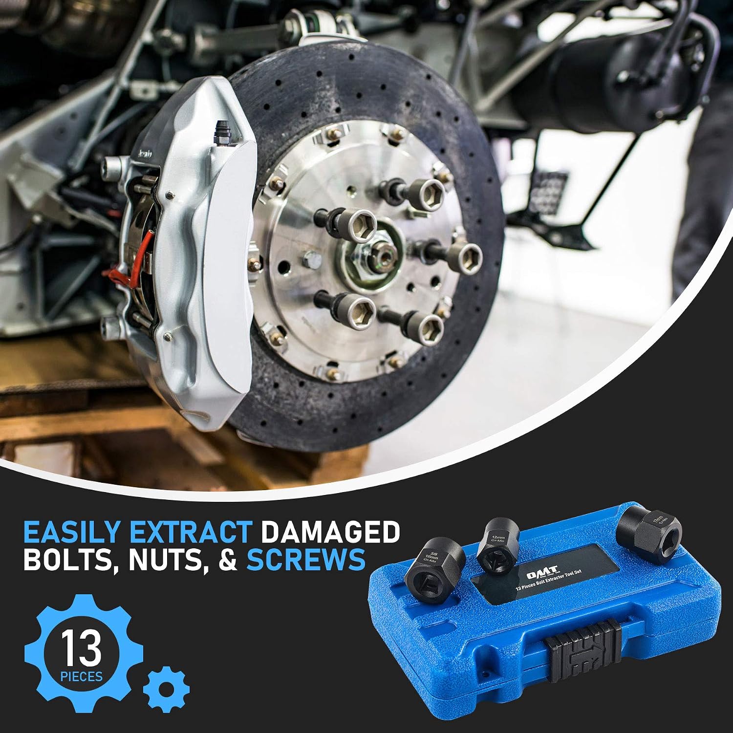OMT Impact Nut and Bolt Extraction Tool Set, Rusted Damaged Stripped Nut and Bolt Remover Tool Kit, Nut Bolt Extractor Socket Set in 13 SAE and Metric Sizes for 3/8 Inch Drive with Case