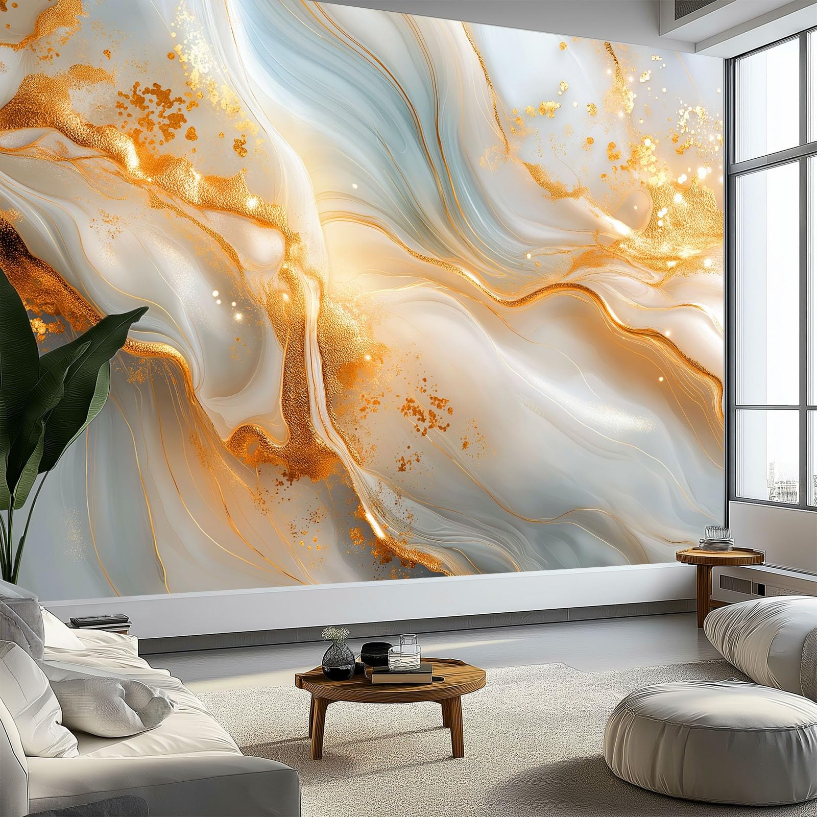Générique Panoramiczna tapeta Minimalistyczny marmur 3D złote linie obramowania 200 x 140 cm, nowoczesna włóknina XXL Dekoracja ścienna Salon Sypialnia Biuro Pokój dziecięcy, wielokolorowa