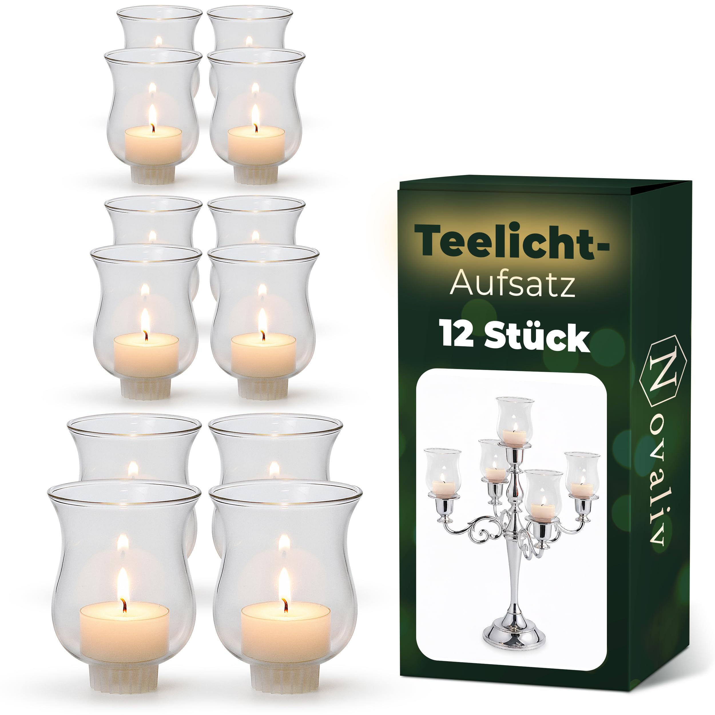 Novaliv Lot de 12 photophores en verre transparent 8 cm pour chandelier, couronne de l'Avent