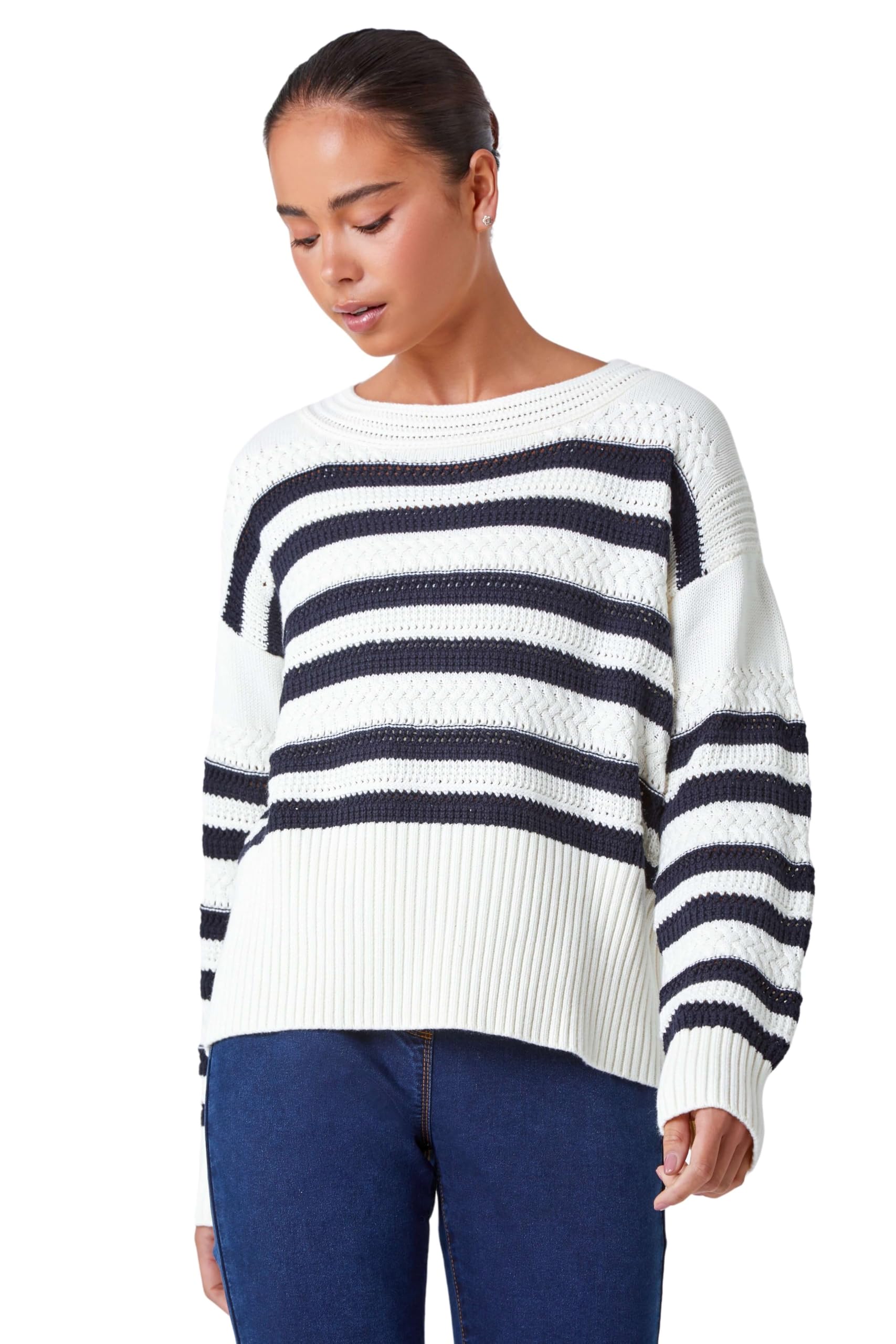Roman Petite Women's Navy Stripe Print Textured Jumper Size 18