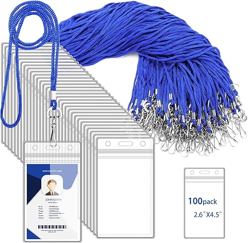 100 soportes verticales de plástico transparente para tarjetas de identificación y 100 cordones azules para el cuello con gancho giratorio para la