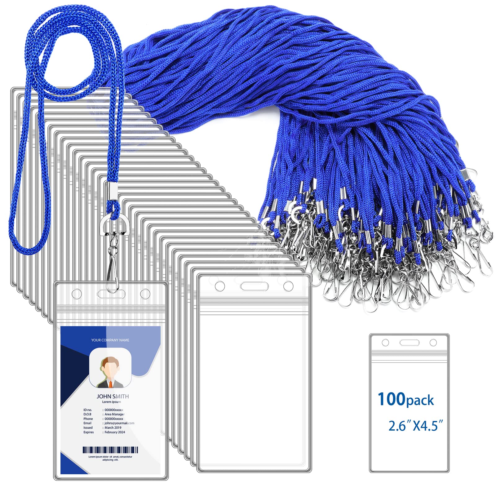 100Pcs Clear Plastic Vertical Name Tag Badge ID Card Holders and 100Pcs Blue Neck Lanyards with Swivel Hook for School, Office, Business