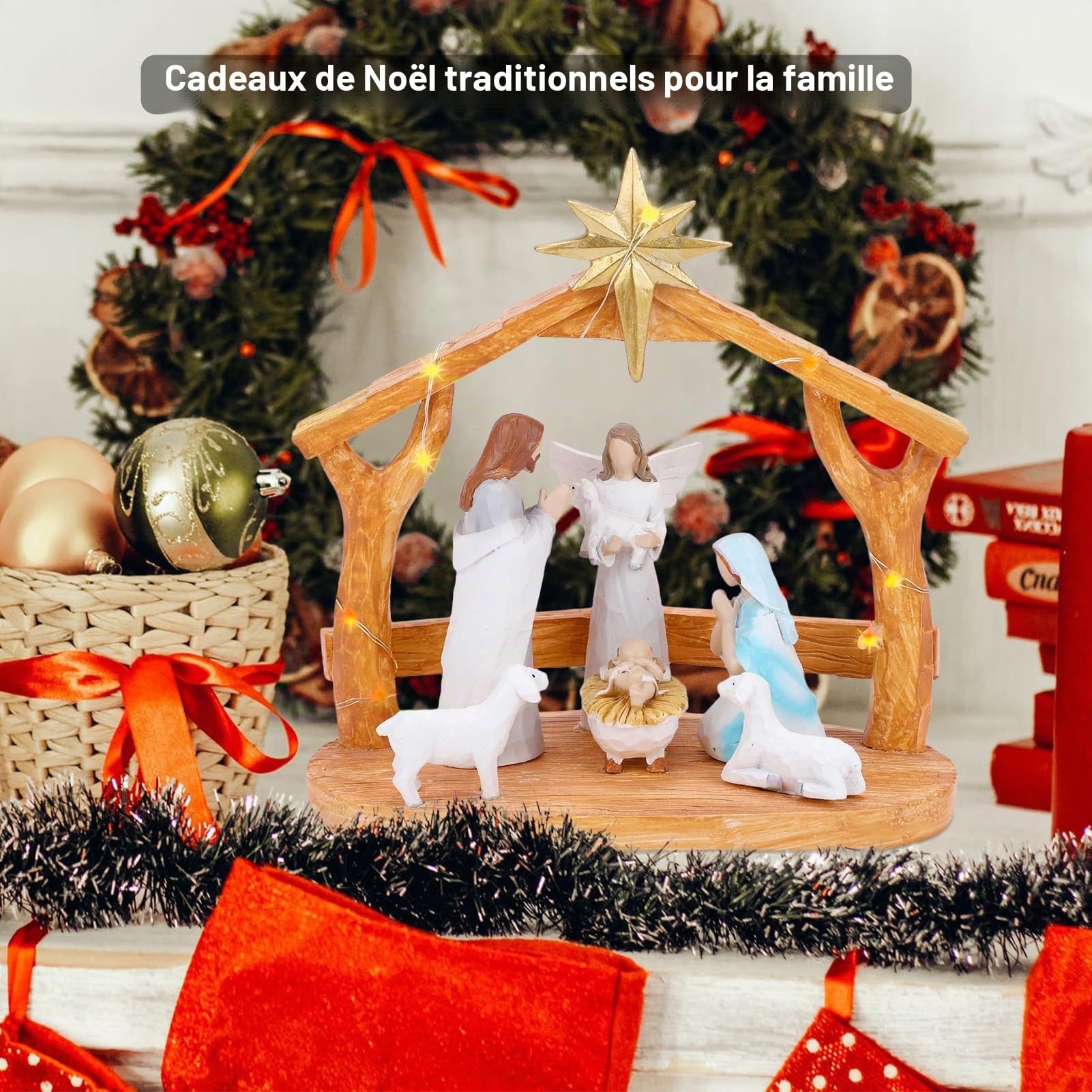 Crèche de Noël avec lumières LED – Crèche d'intérieur avec mangeoire, figurines et histoire – Décorations de Noël festives