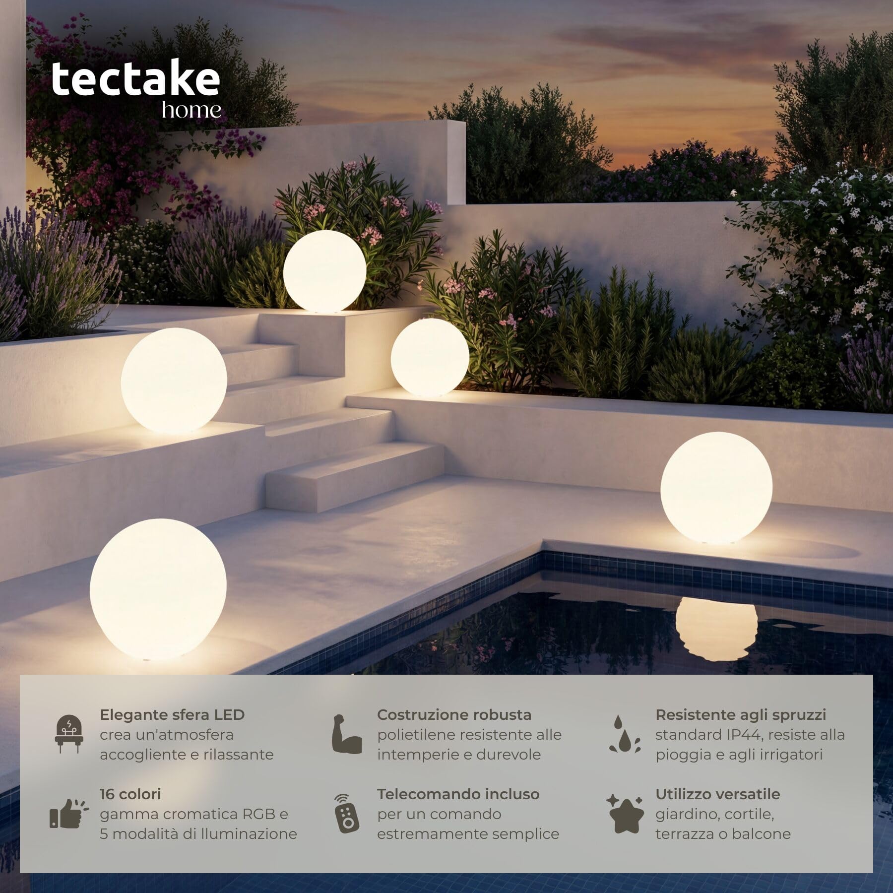 tectake® Lampada da terra Sfera LED, luce RGB da esterno e interno, telecomando, 16 colori, 1200 lumen, IP44 water proof, polietilene, luci giardino arredo esterno, piedini - M - Ø 40 x 40 cm
