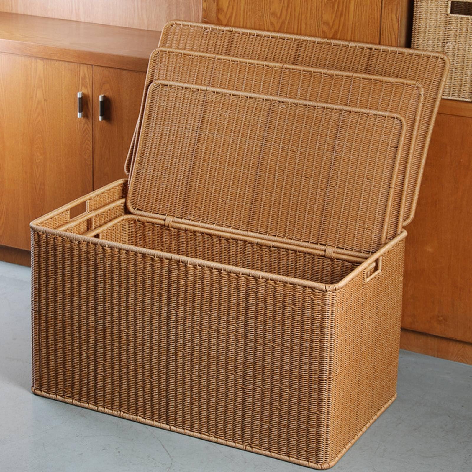 Baúl de Almacenamiento Grande Rattan Imitación Organizador Arcón con Tapa Contenedor con Asas Diseño Tejido y Marco Firme Adecuado para Salón, Marrón Claro, 79.5X40X38.5/40CM