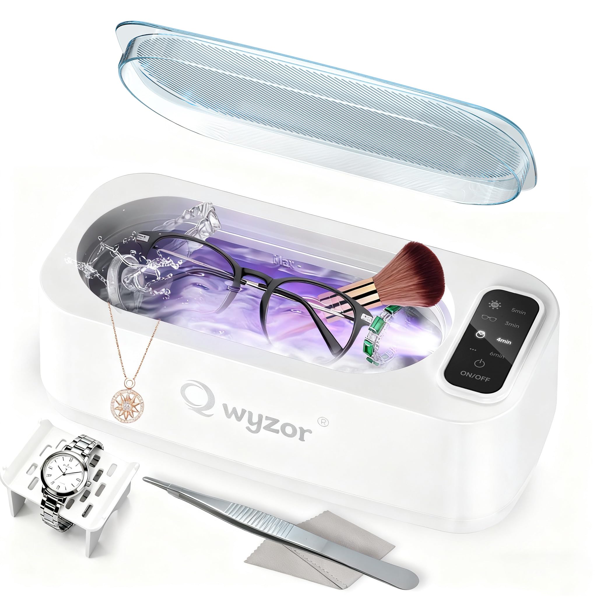 Nettoyeur Ultrasons, 55000Hz Bac a Ultrason, 350ml Ultrasonic Cleaner avec Écran LED, 4 Modes Nettoyeur Ultrason Bijoux avec Lumière UV pour Lunettes, Appareils Dentaires, Montres, Bagues et Colliers