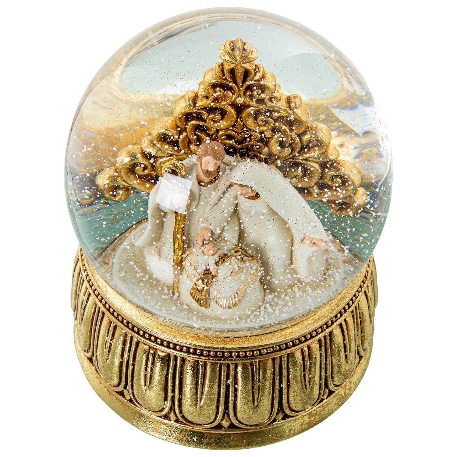 DRW Boule à Neige avec Figurine Nativité Musicale en résine à Corde en Blanc et doré 15 x 15 x 20 cm