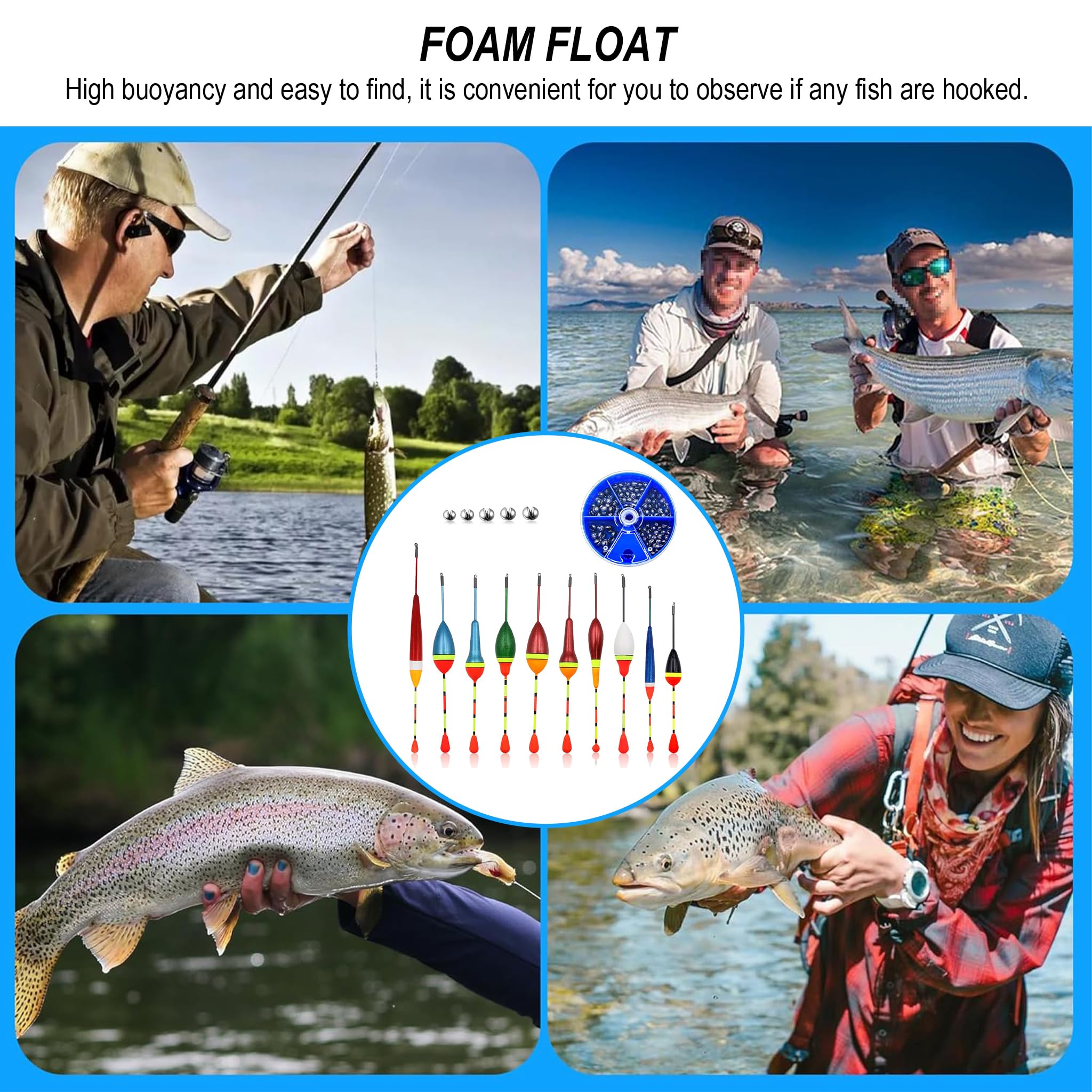 Set Angelposen: 10 Posen para Truchas, 100 Plomos de 5 Tamaños, Accesorios de Pesca para Lago o Estanque - Juego Completo para Caja de Pesca