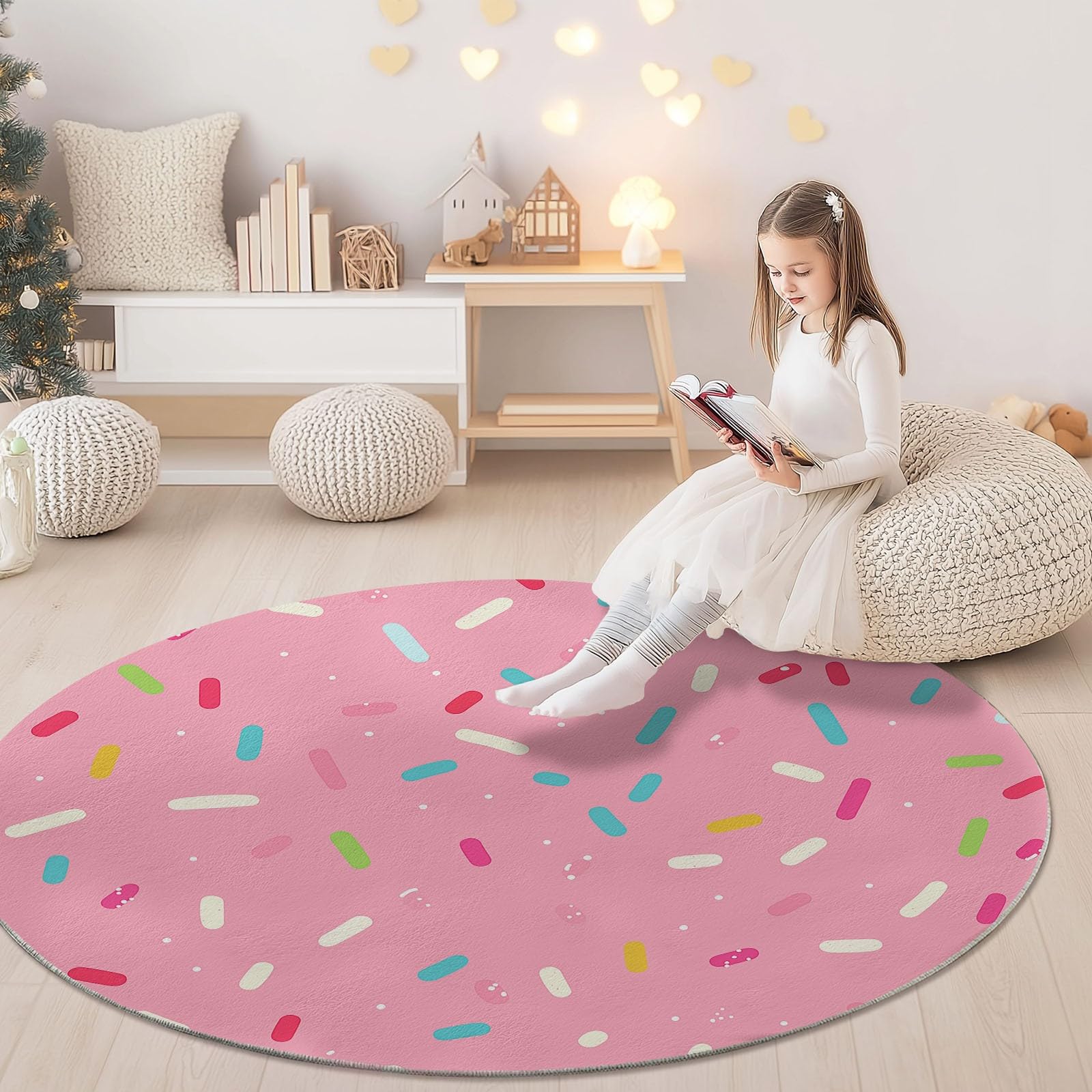 Pétillant Tapis de Sol Rond Motif Mignon Style Paillettes et Étoiles, Coloré, 140 cm, Idéal pour Déco Joyeuse de Chambre de Fille ou Bébé, Moquette Antidérapante en Flanelle Douce